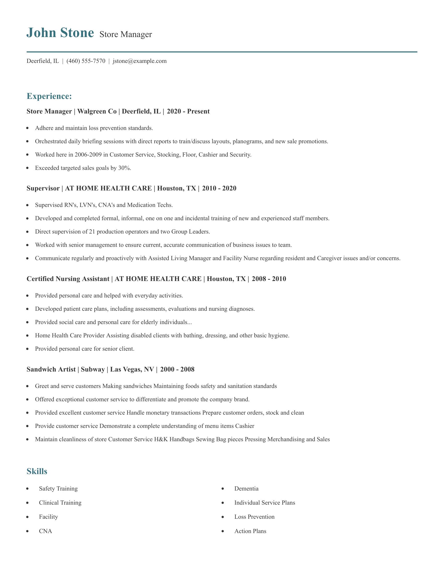 Store Manager resume example