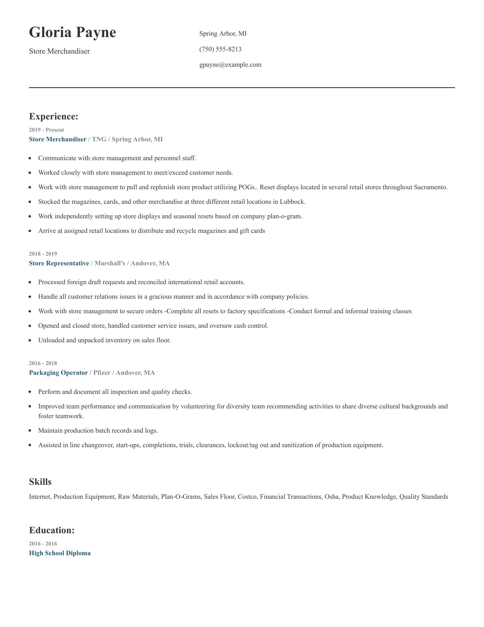 Store Merchandiser resume example