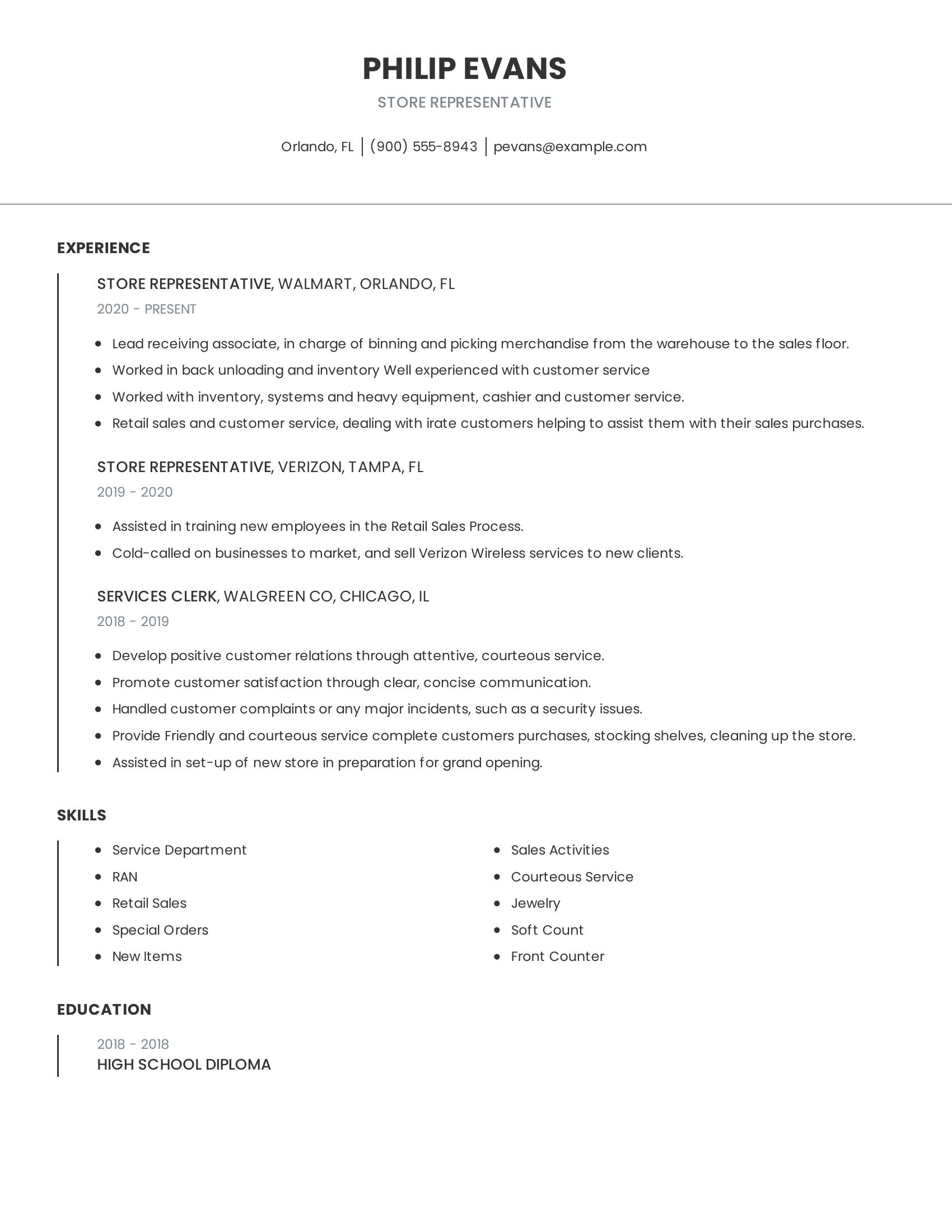 Store Representative resume example