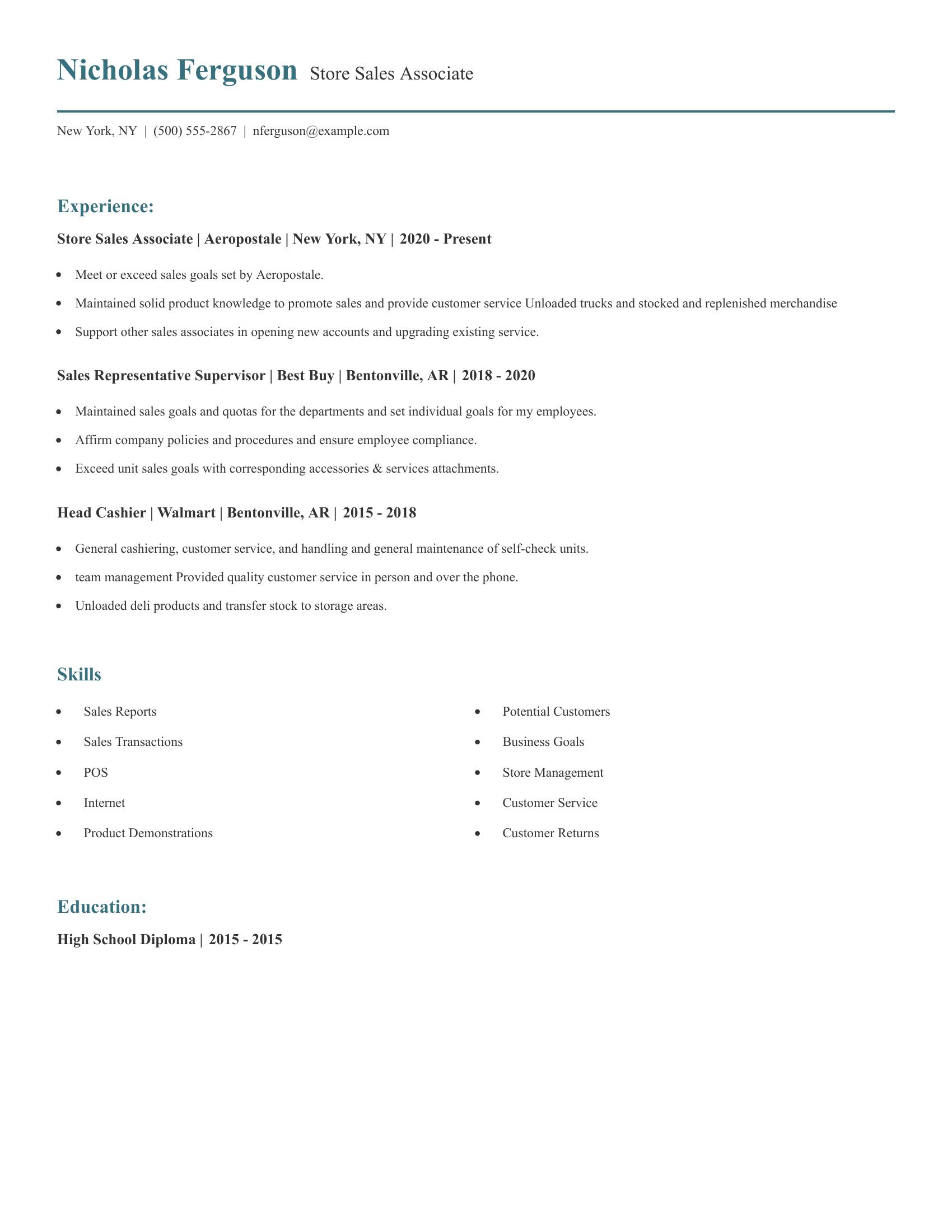 Store Sales Associate resume example