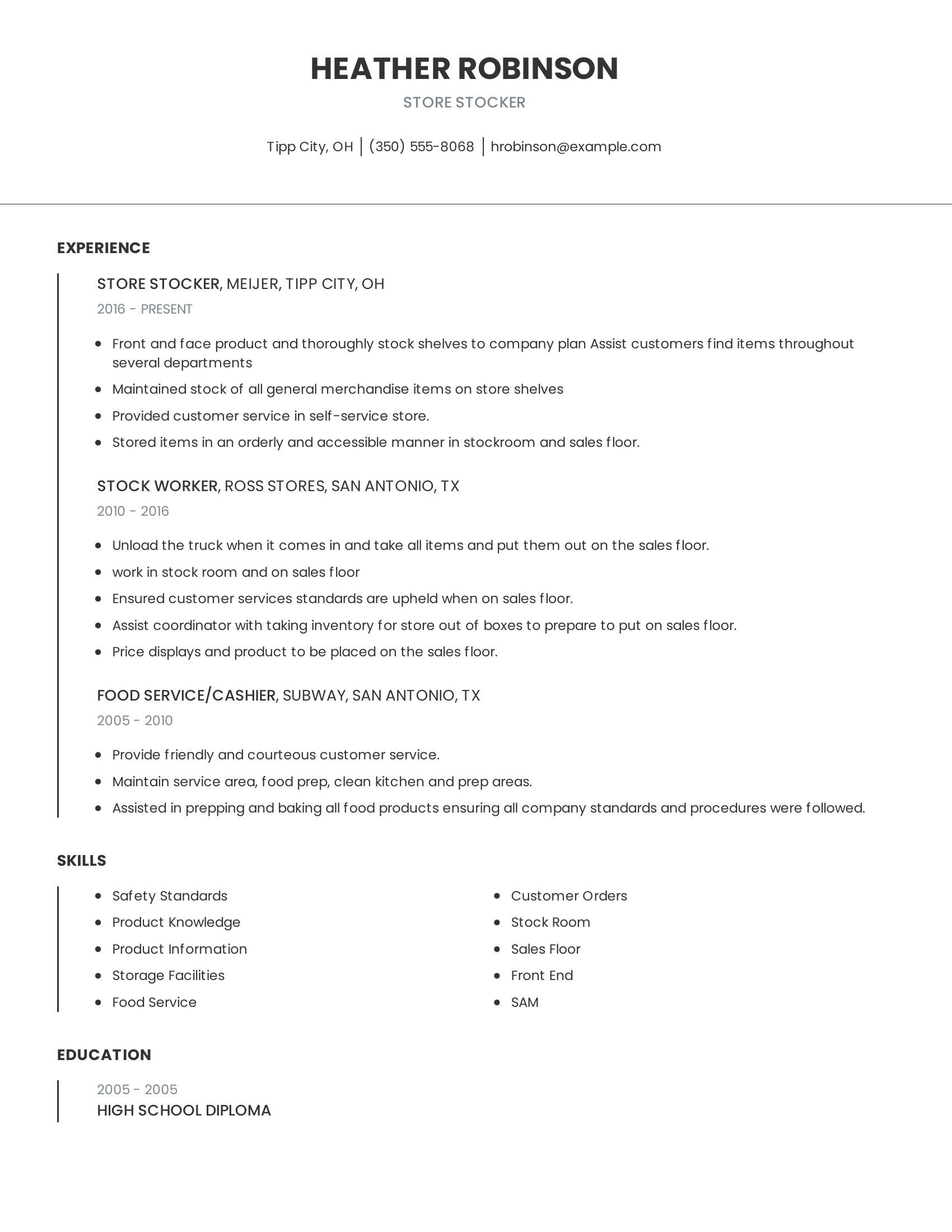 Store Stocker resume example