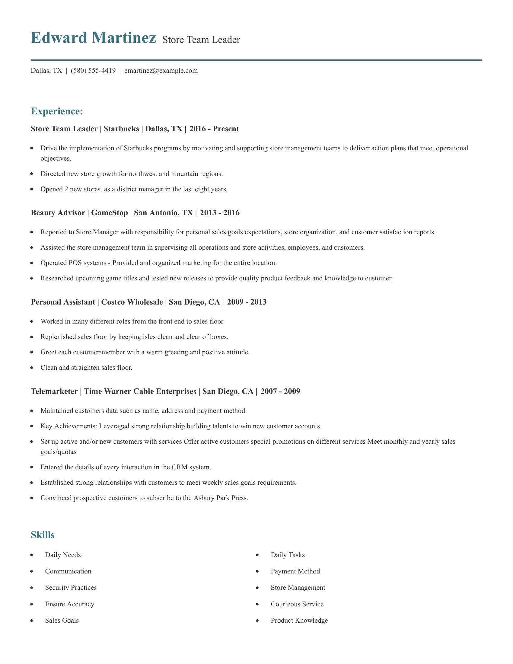 Store Team Leader resume example