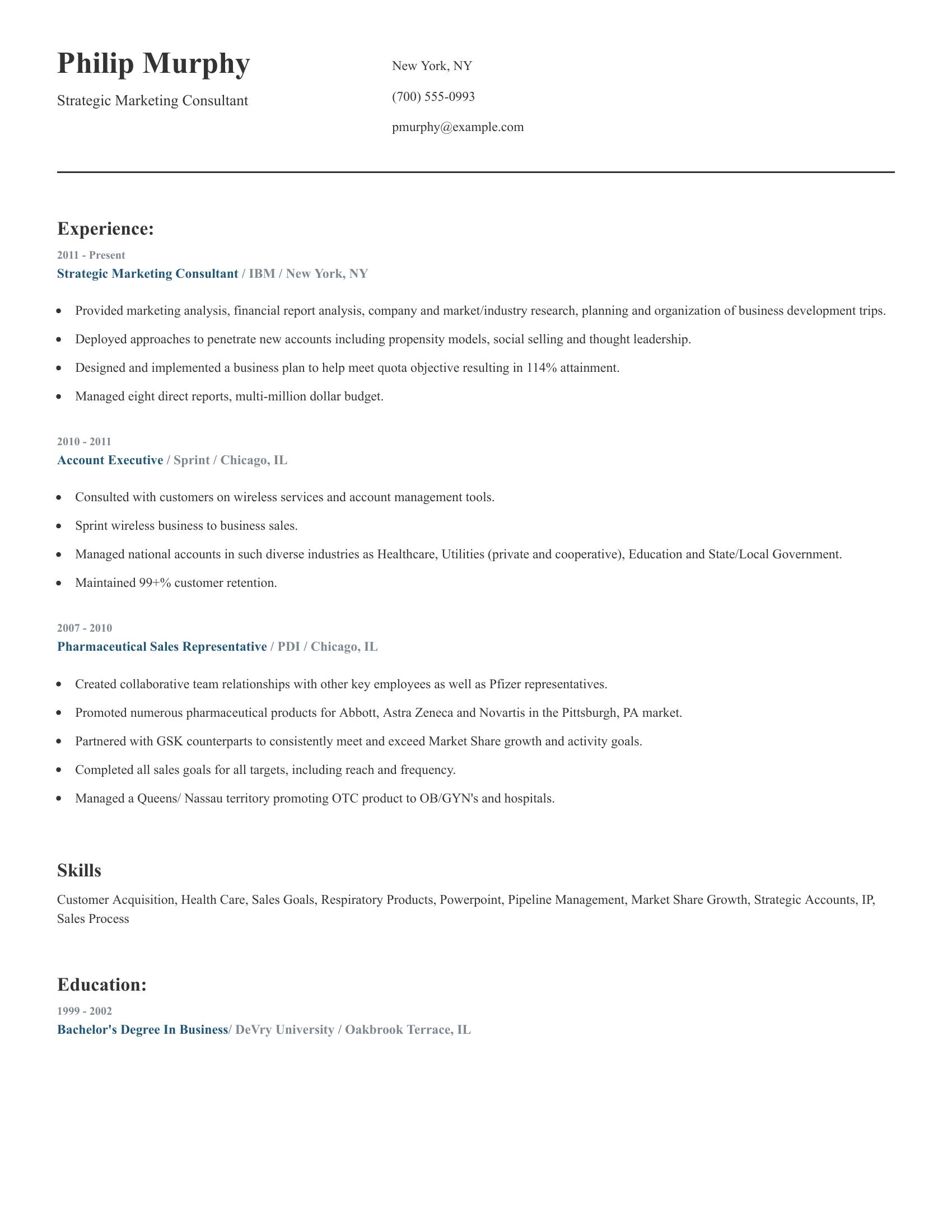 Strategic Marketing Consultant resume example