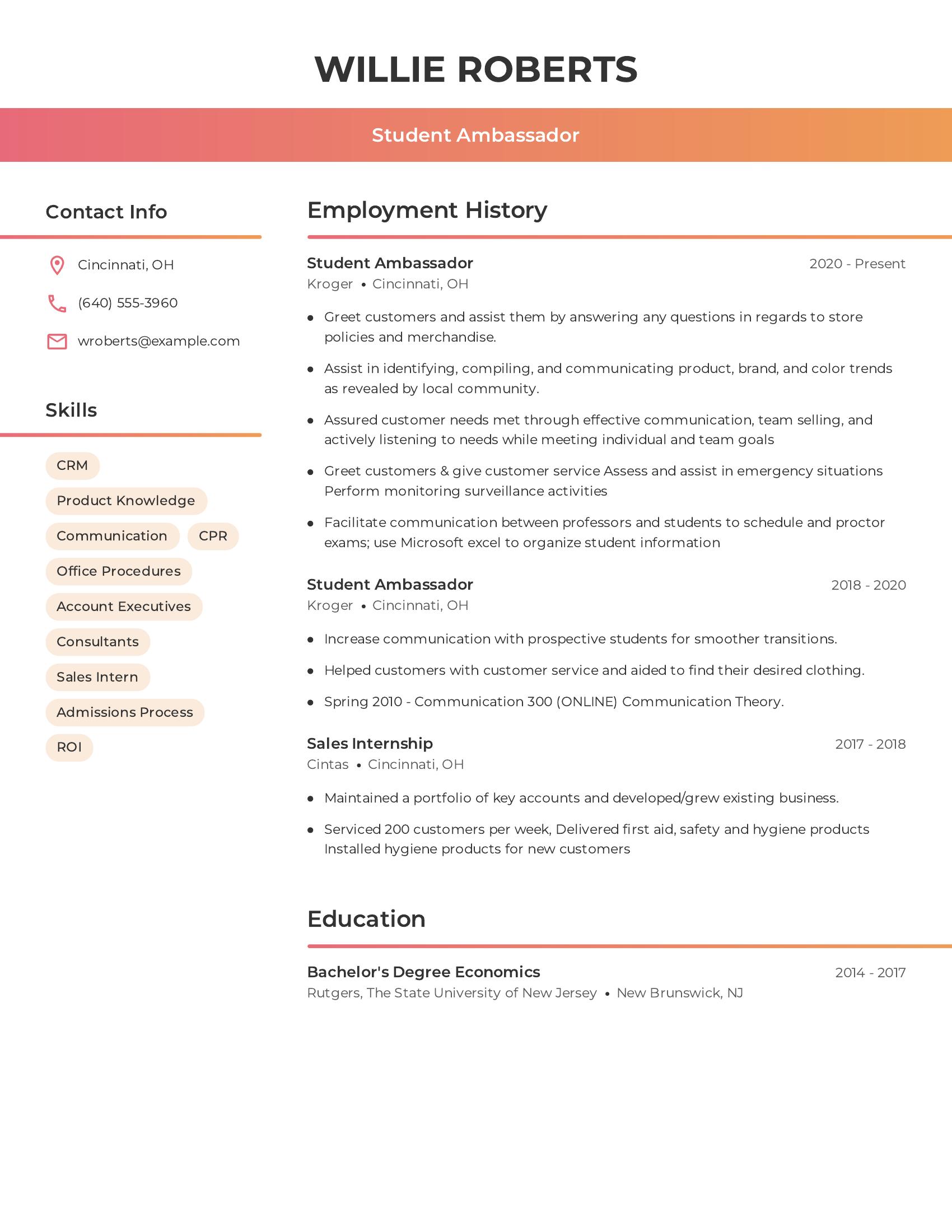 Student Ambassador resume example