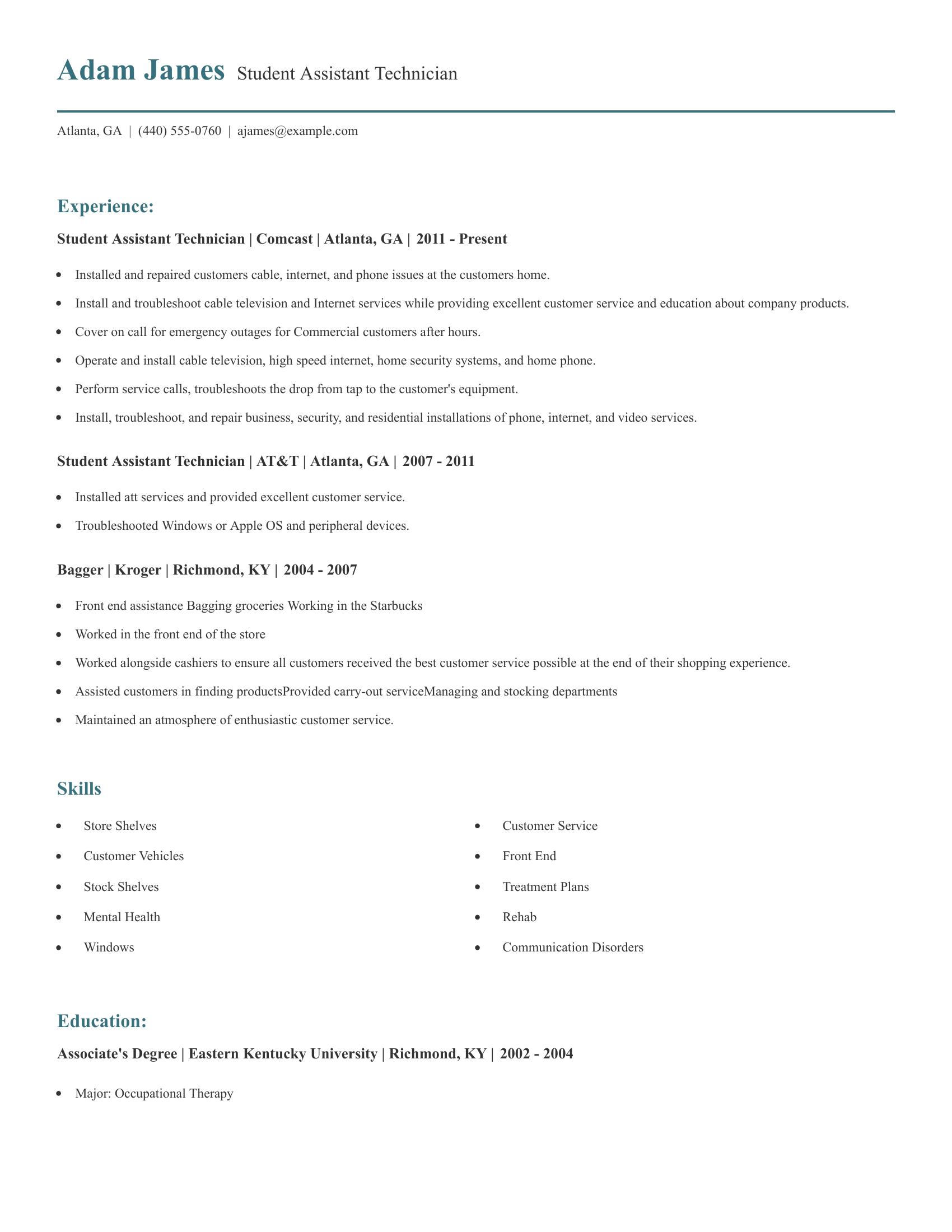 Student Assistant Technician resume example