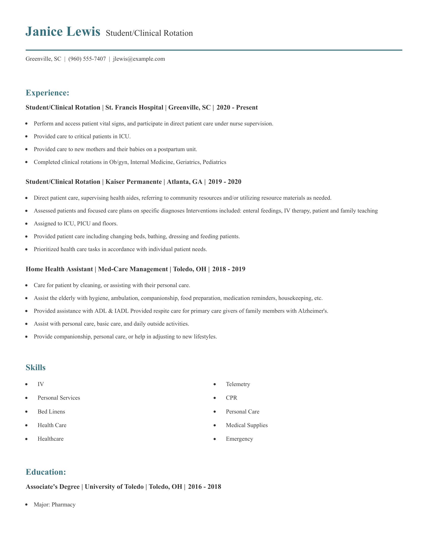 Student/Clinical Rotation resume example