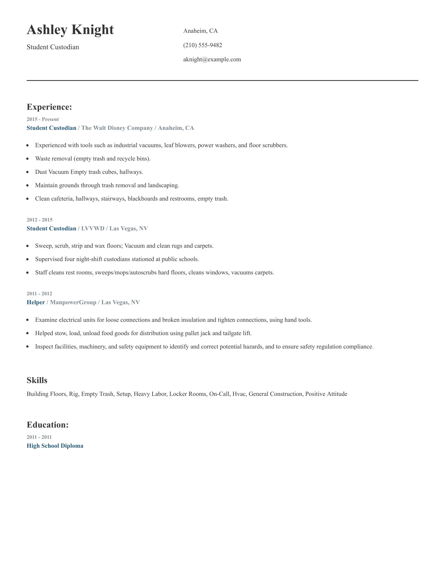 Student Custodian resume example