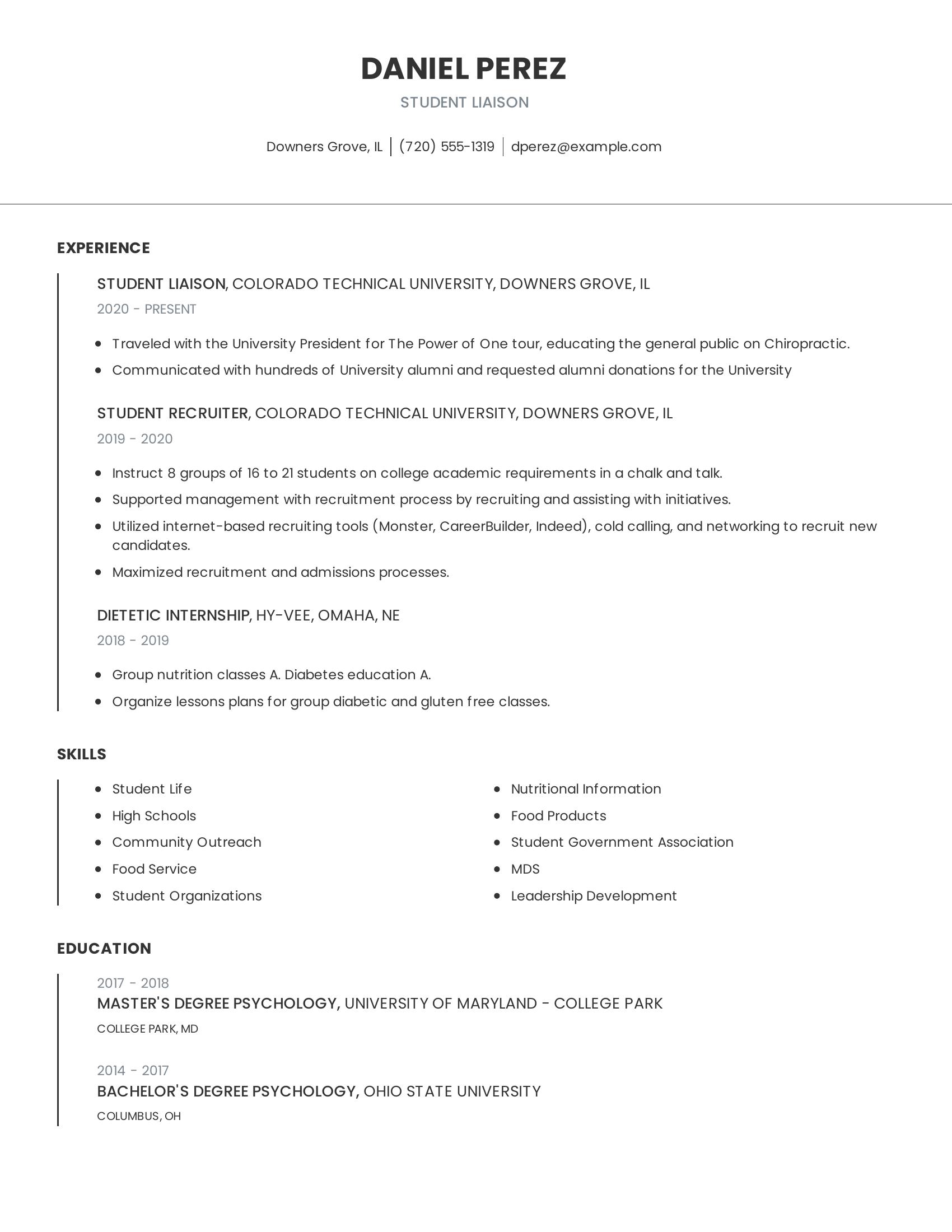 Student Liaison resume example