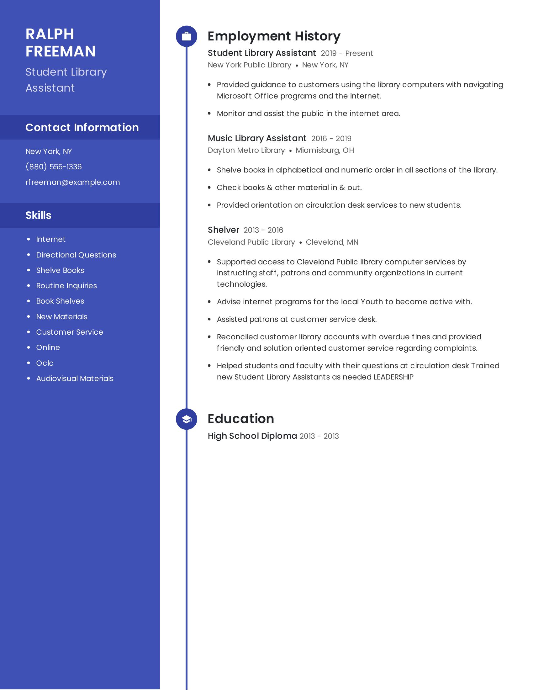 Student Library Assistant resume example