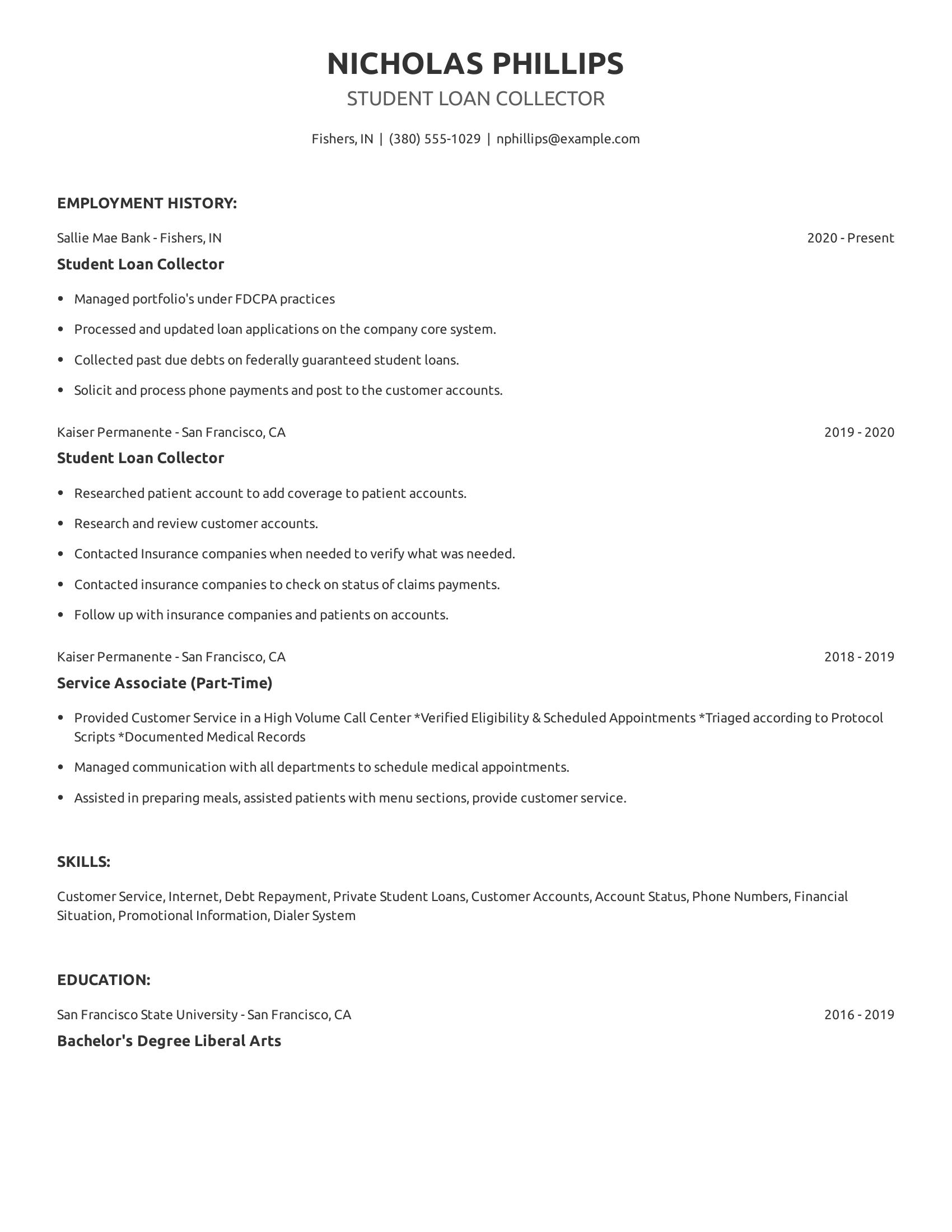 Student Loan Collector resume example