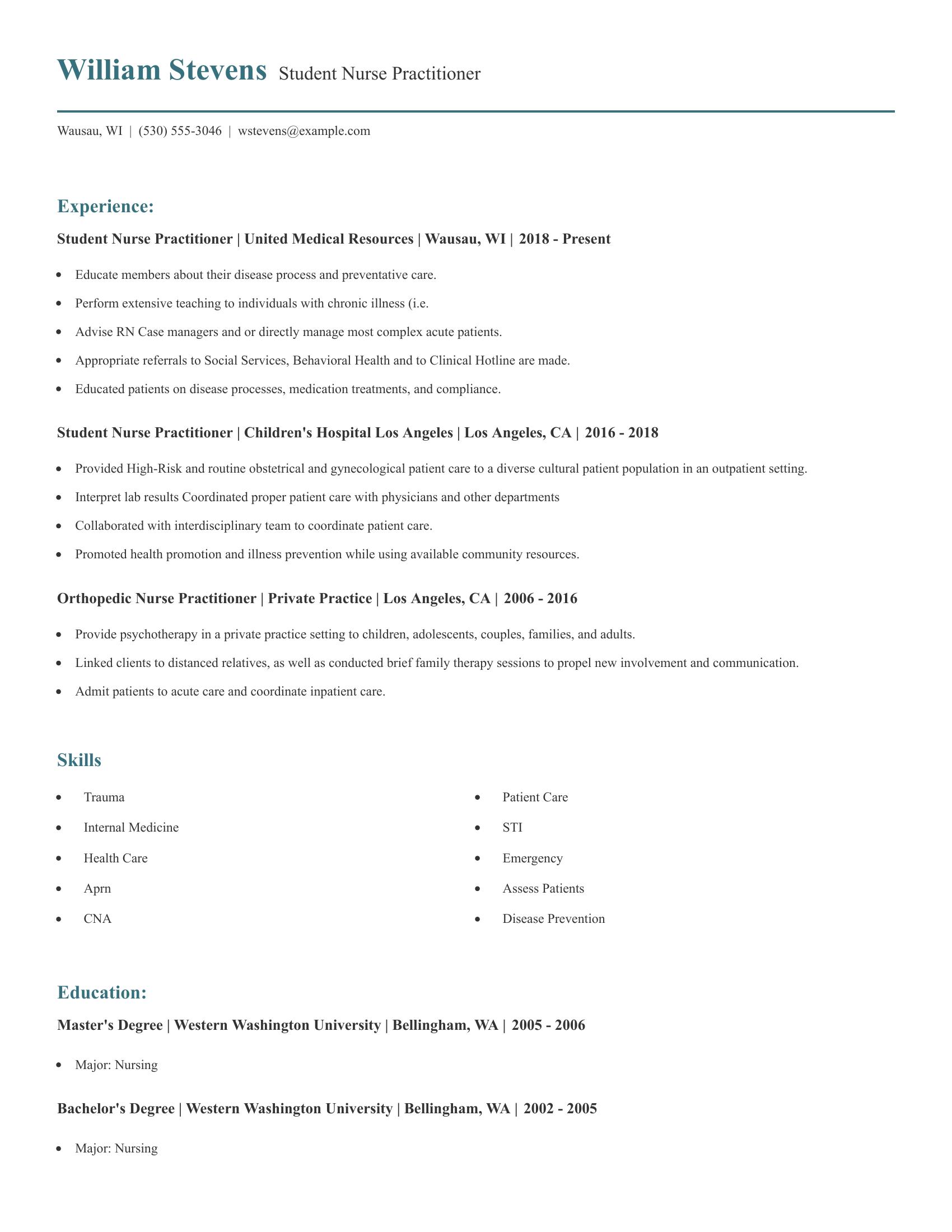 Student Nurse Practitioner resume example