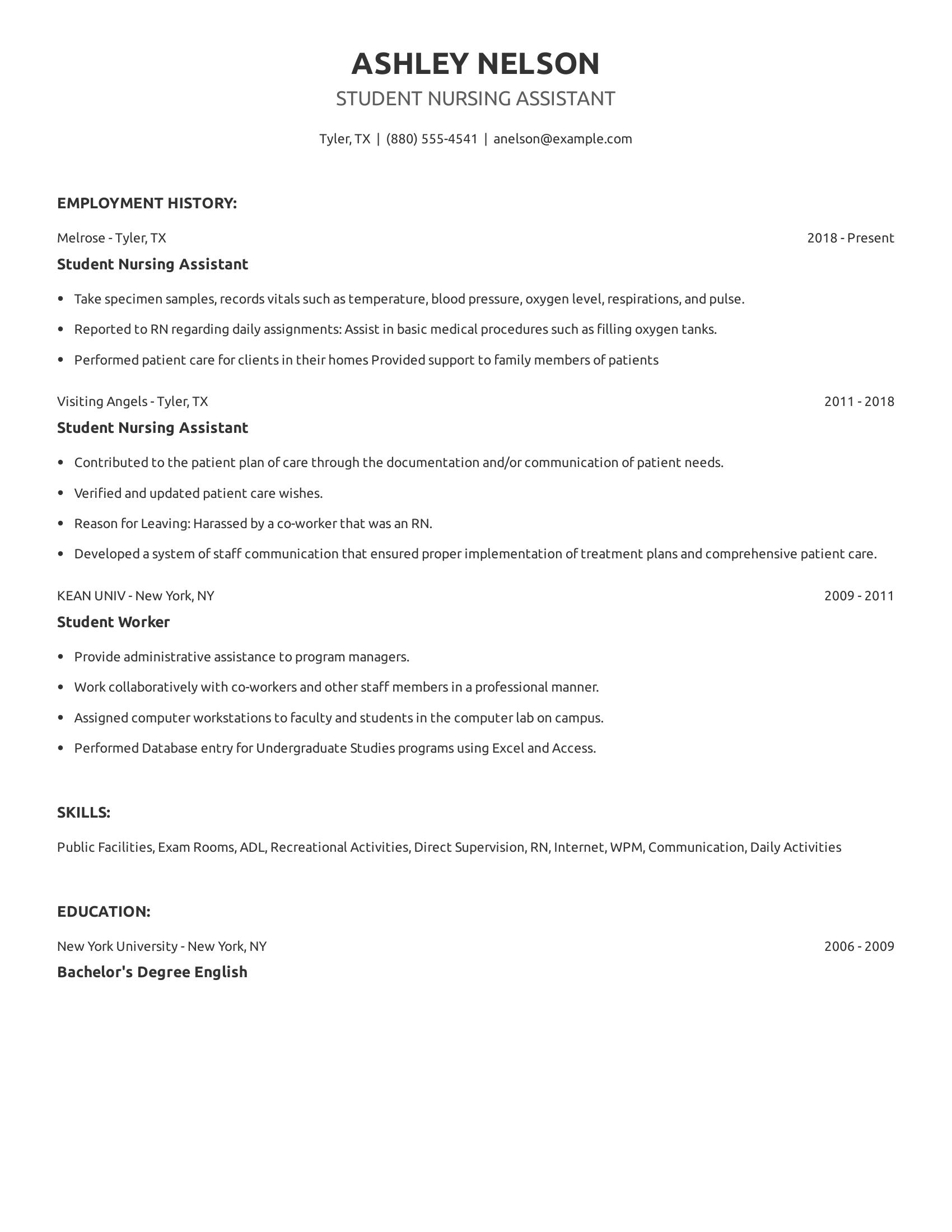 Student Nursing Assistant resume example