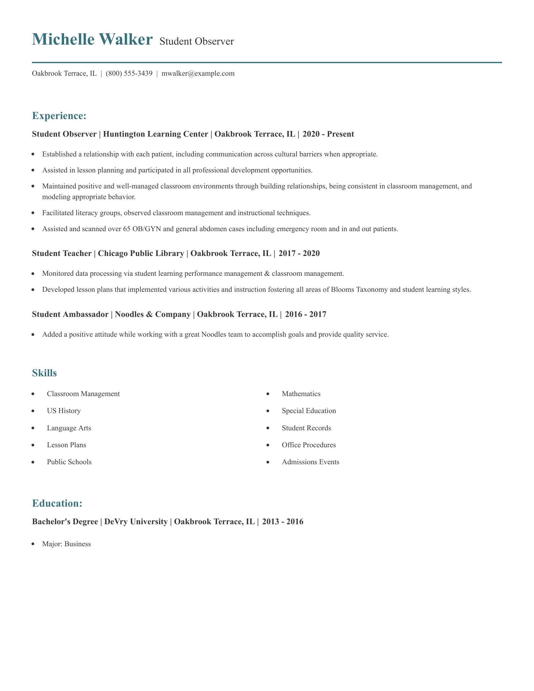 Student Observer resume example