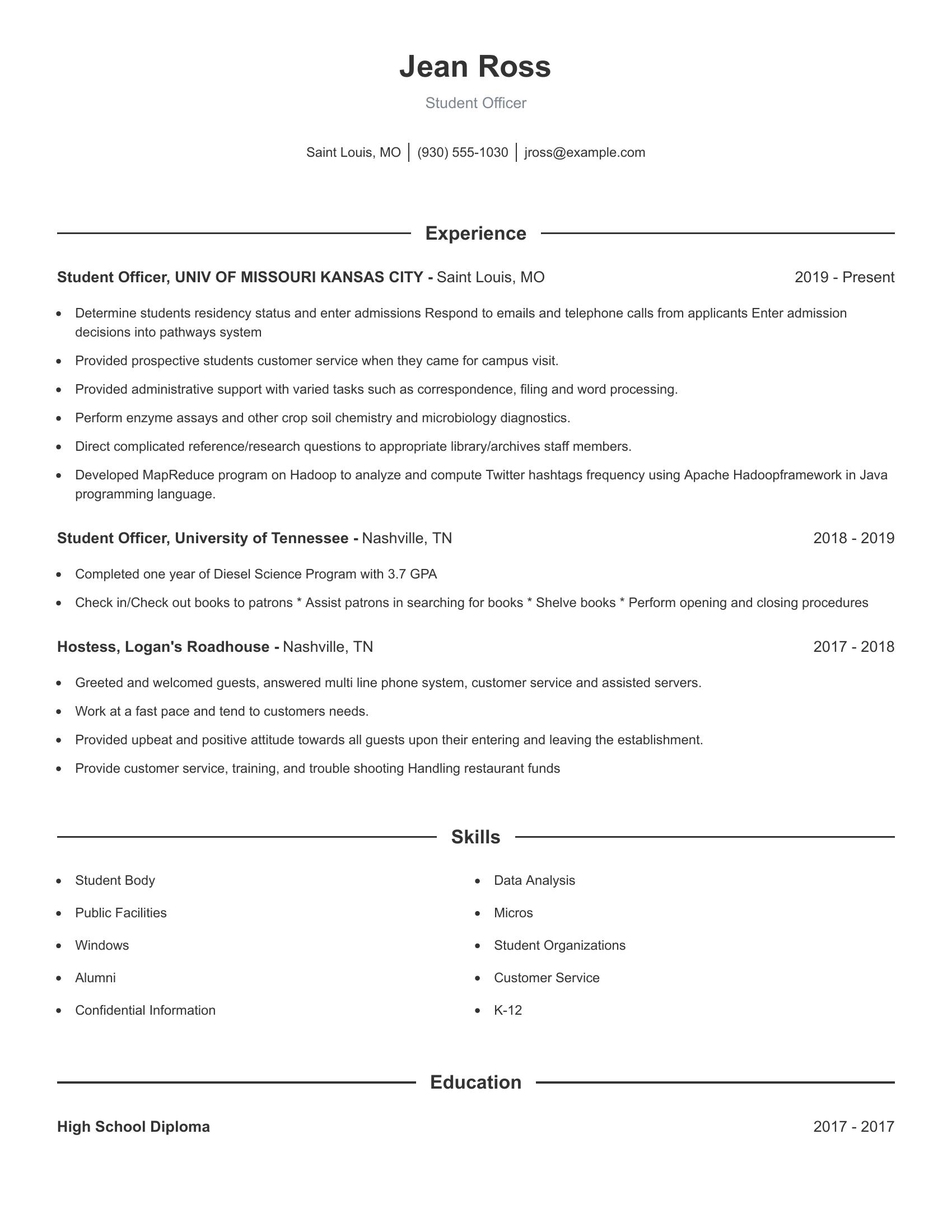 Student Officer resume example