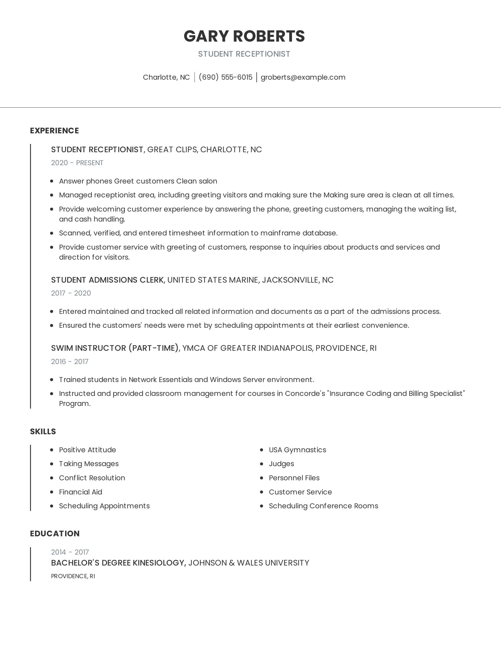 Student Receptionist resume example