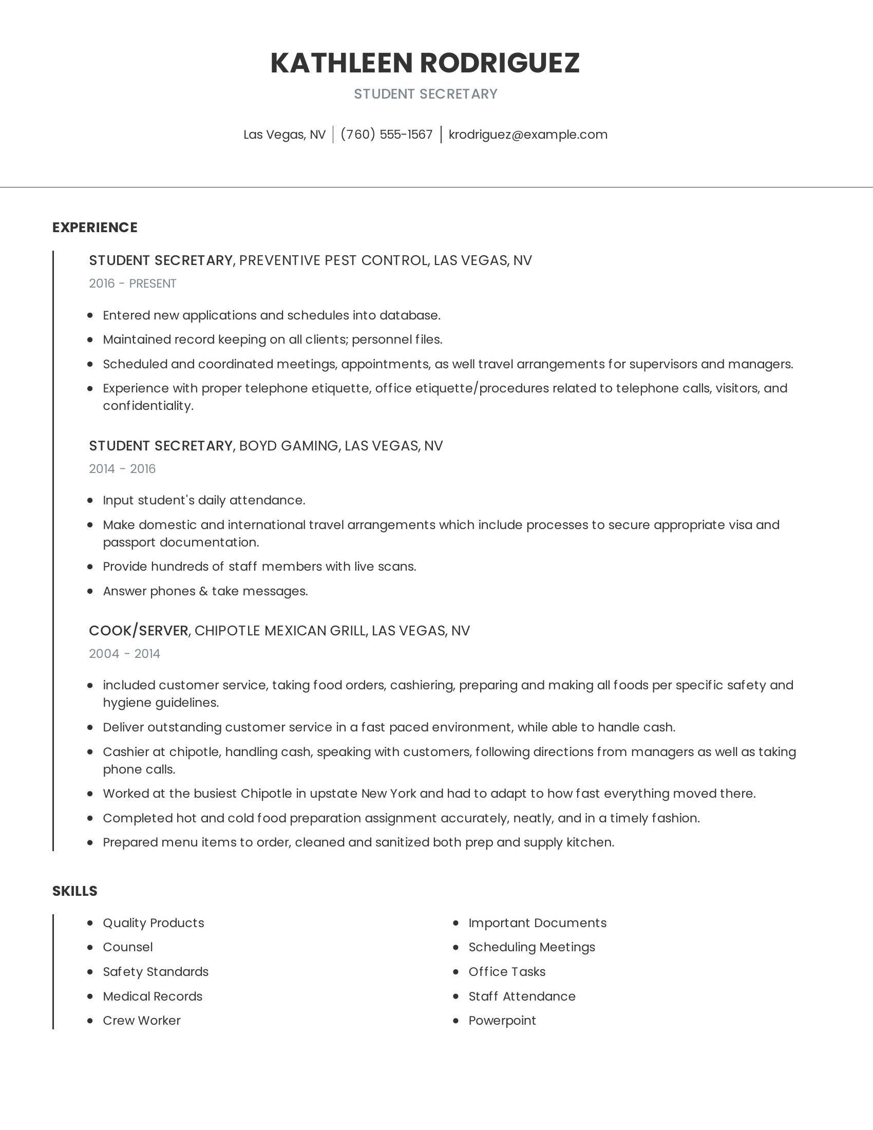 Student Secretary resume example