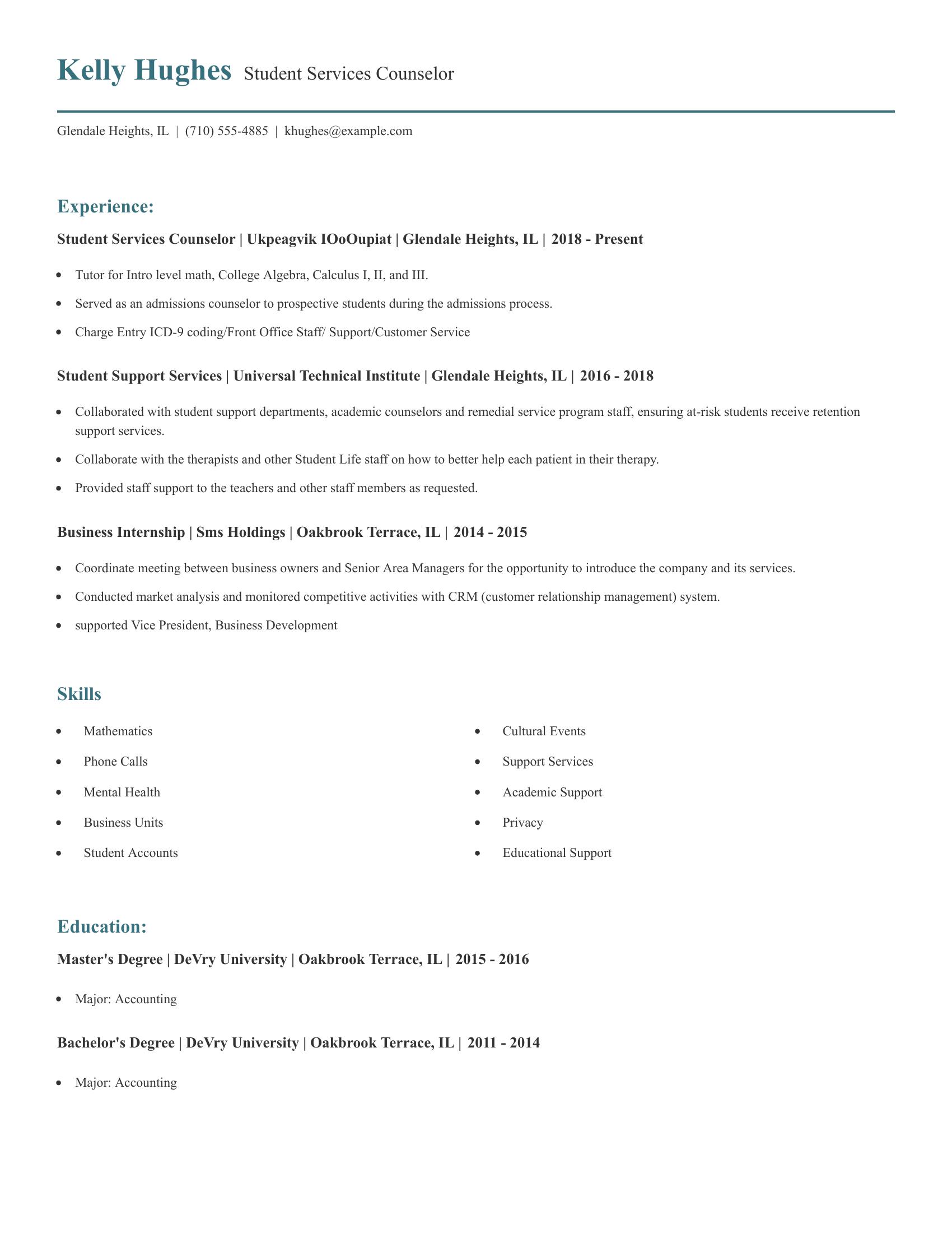 Student Services Counselor resume example