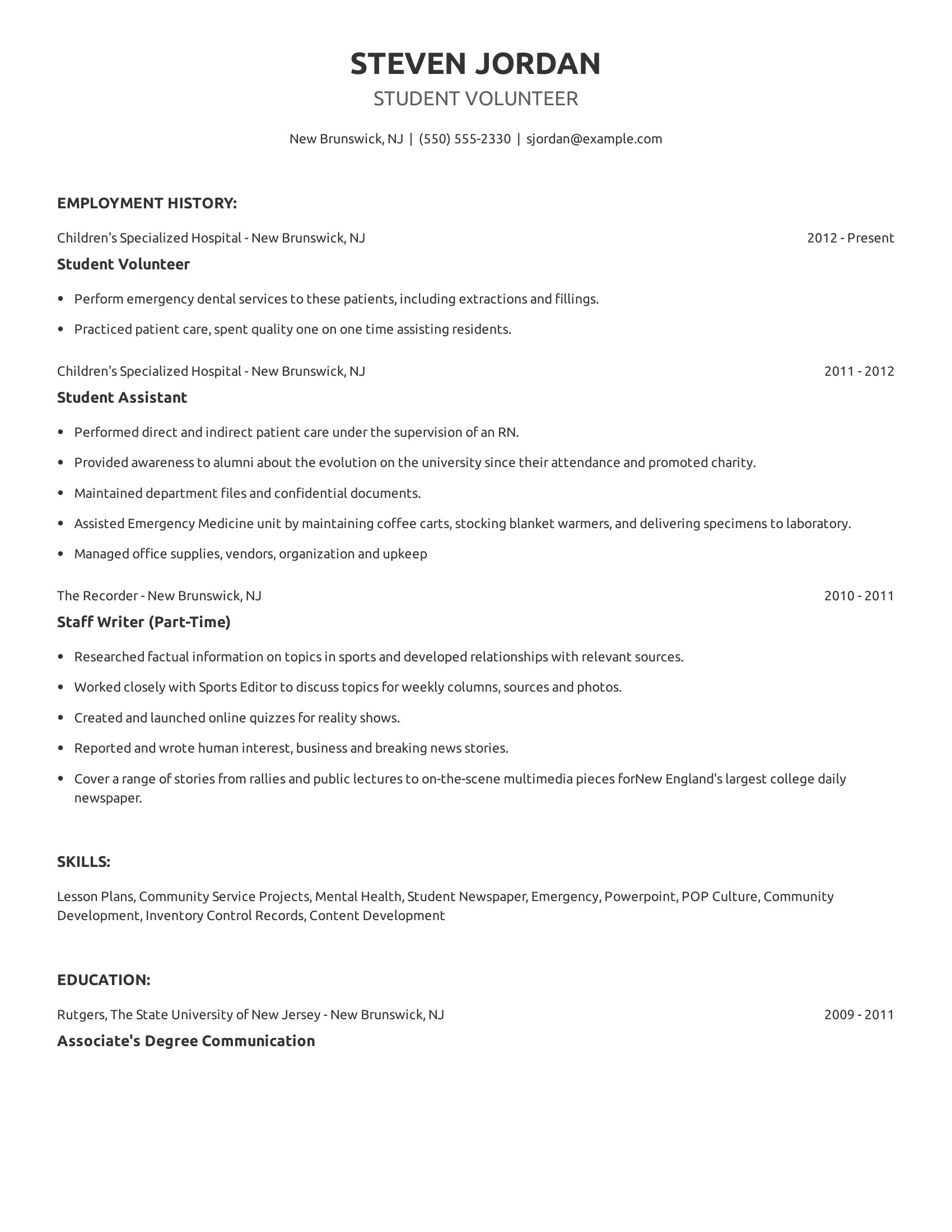 Student Volunteer resume example