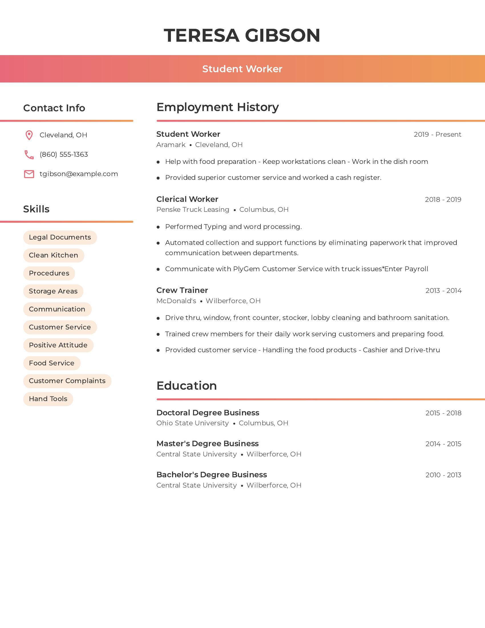 Student Worker resume example