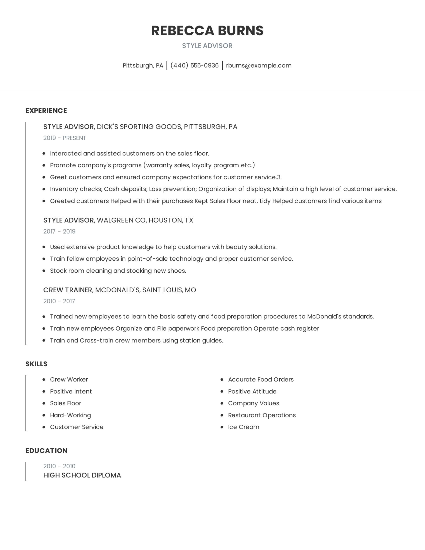 Style Advisor resume example