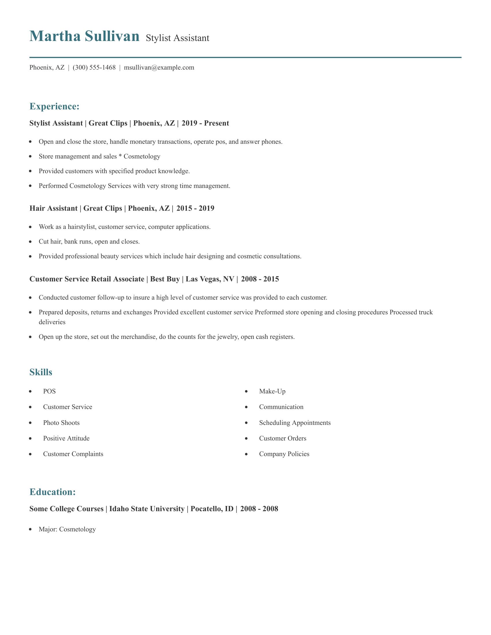 Stylist Assistant resume example