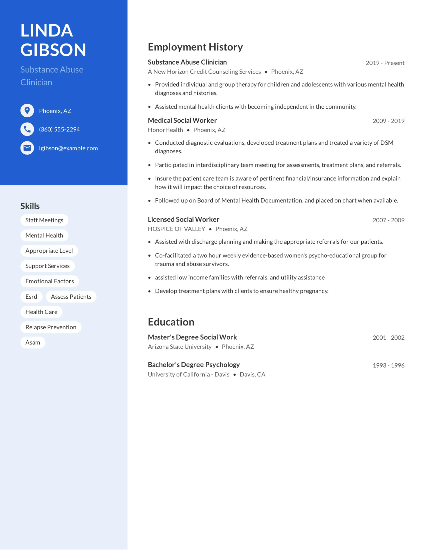 Substance Abuse Clinician resume example