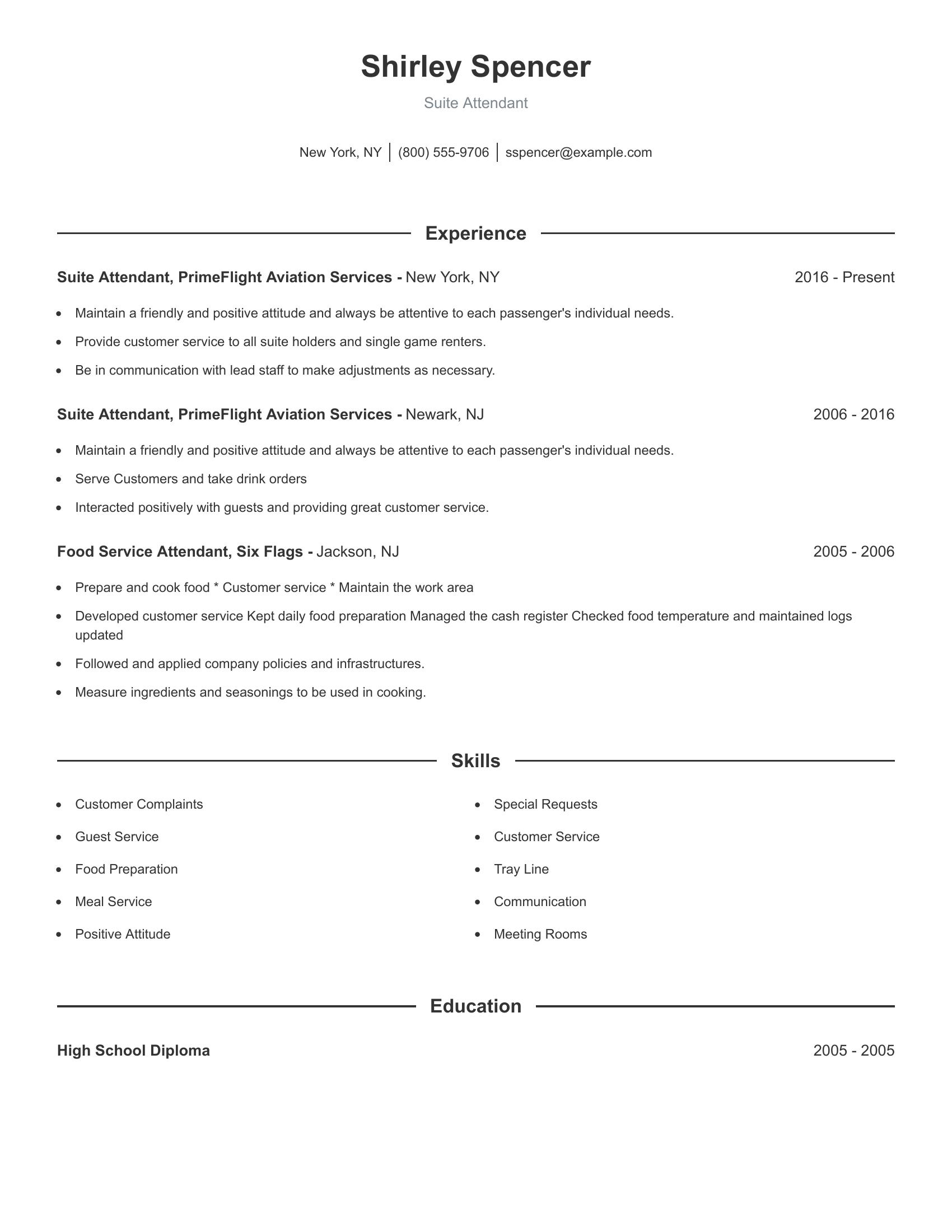 Suite Attendant resume example