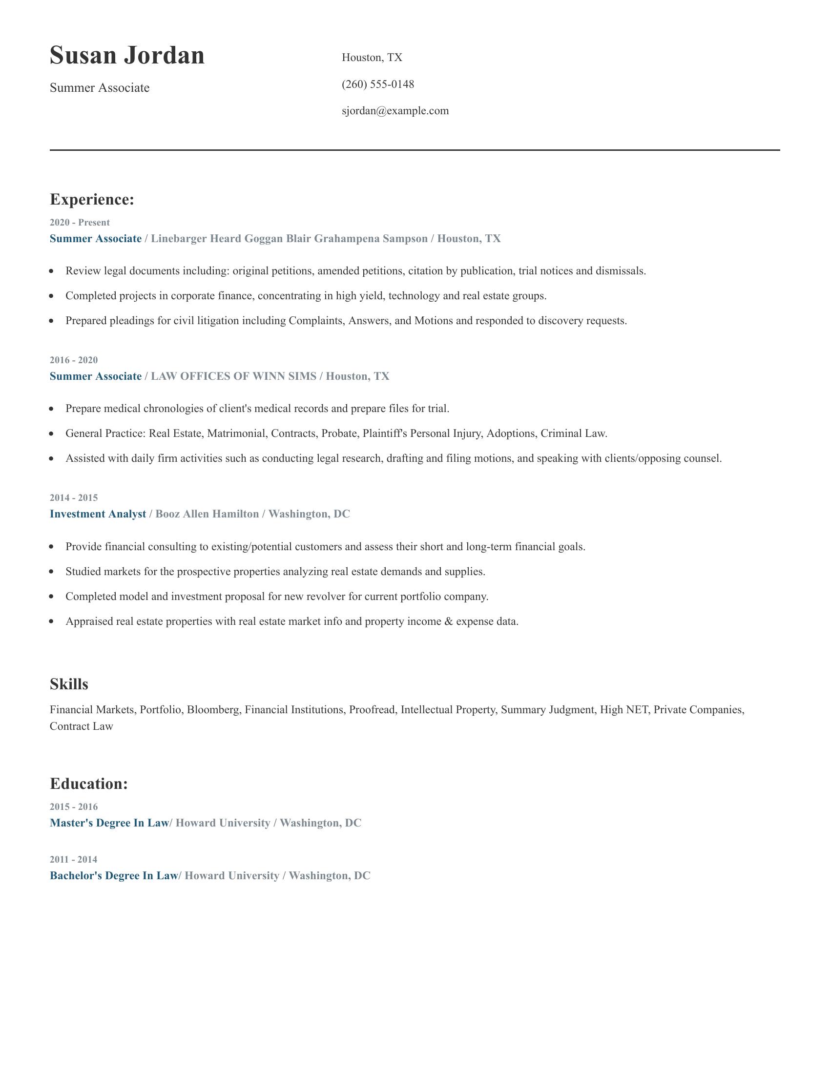 Summer Associate resume example