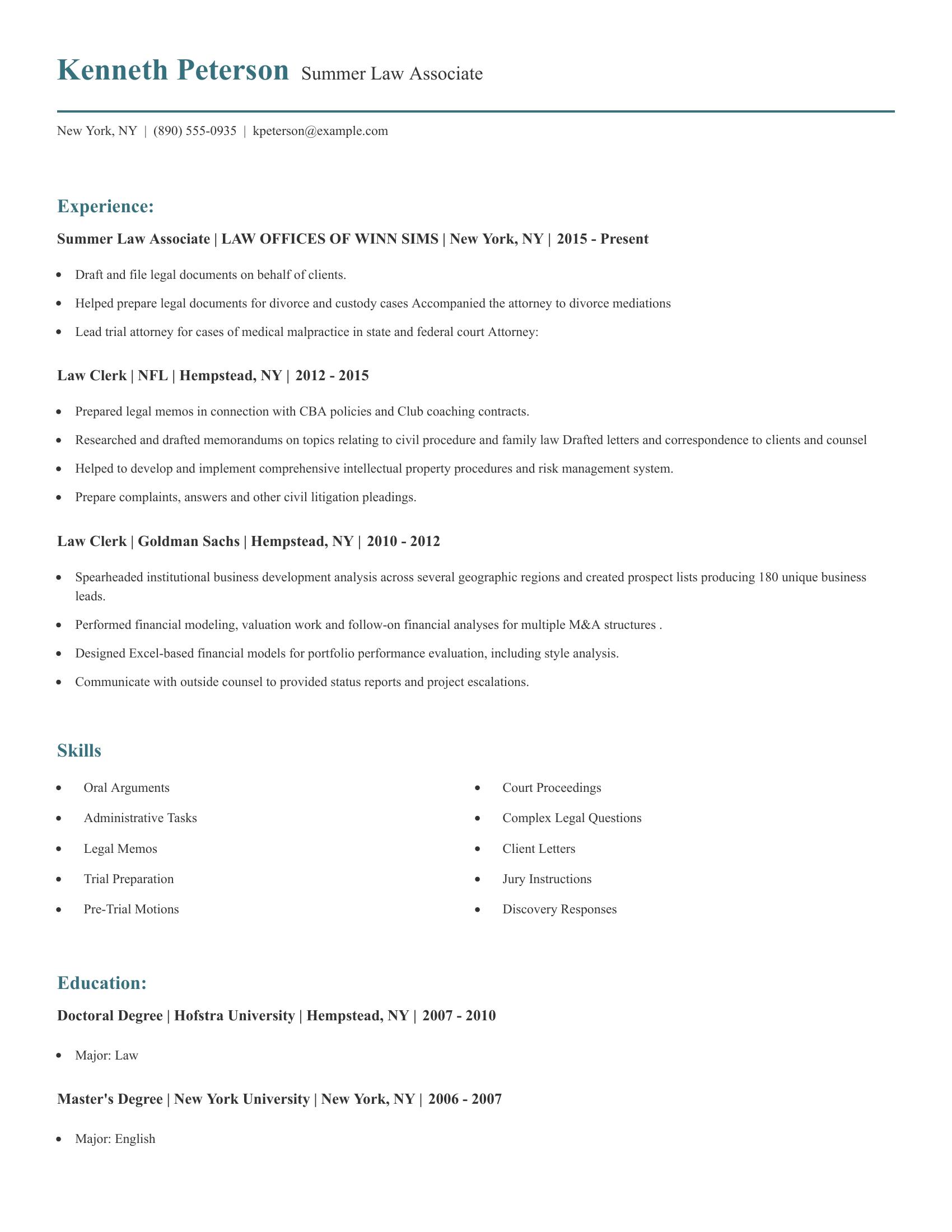 Summer Law Associate resume example