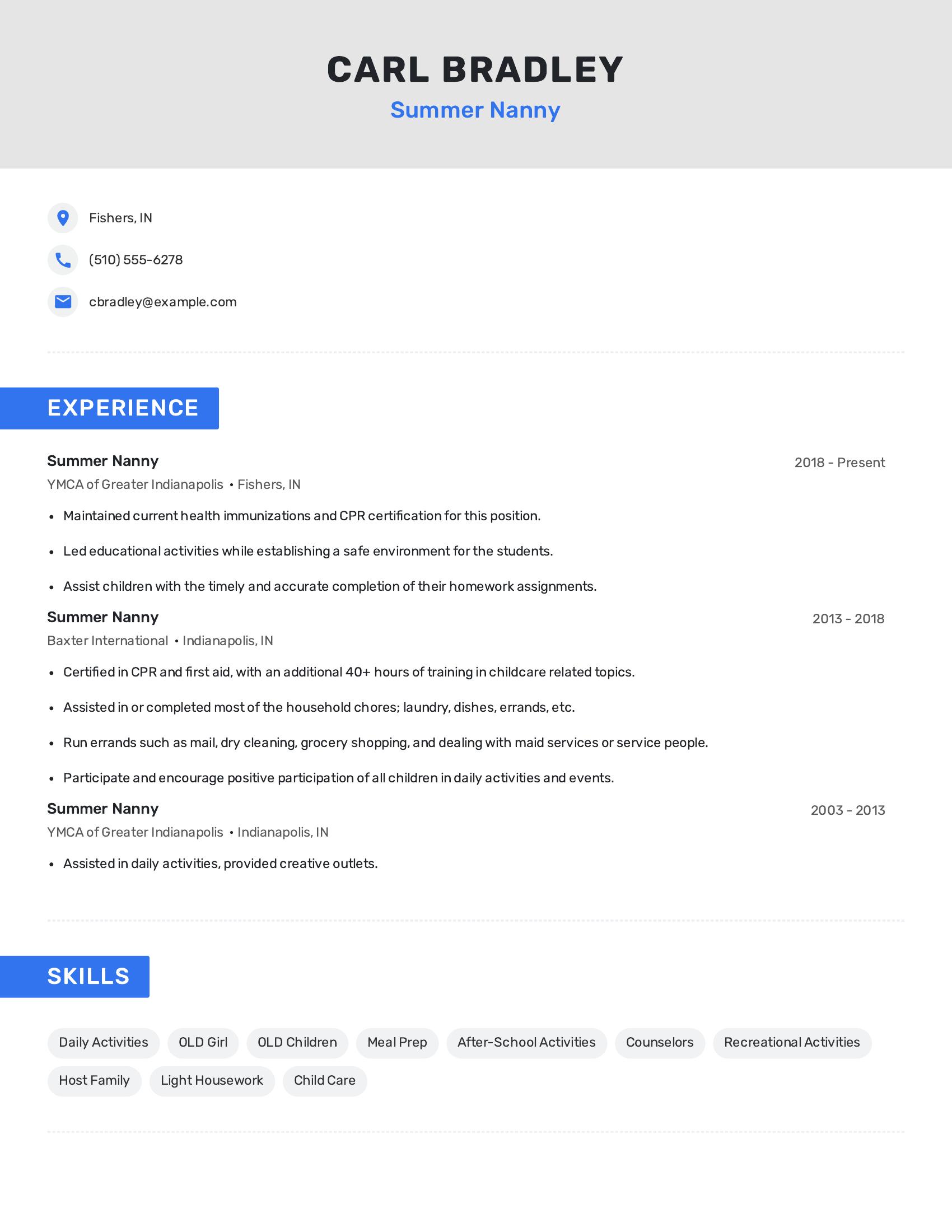 Summer Nanny resume example