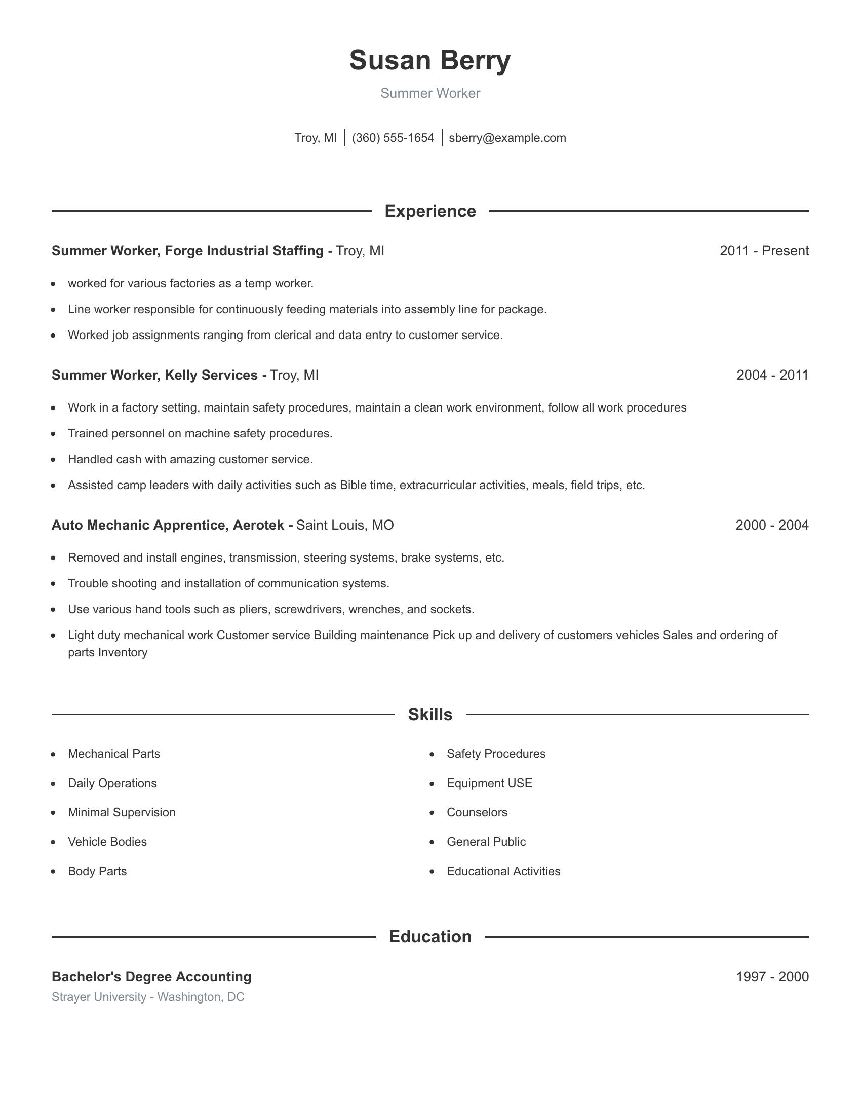 Summer Worker resume example