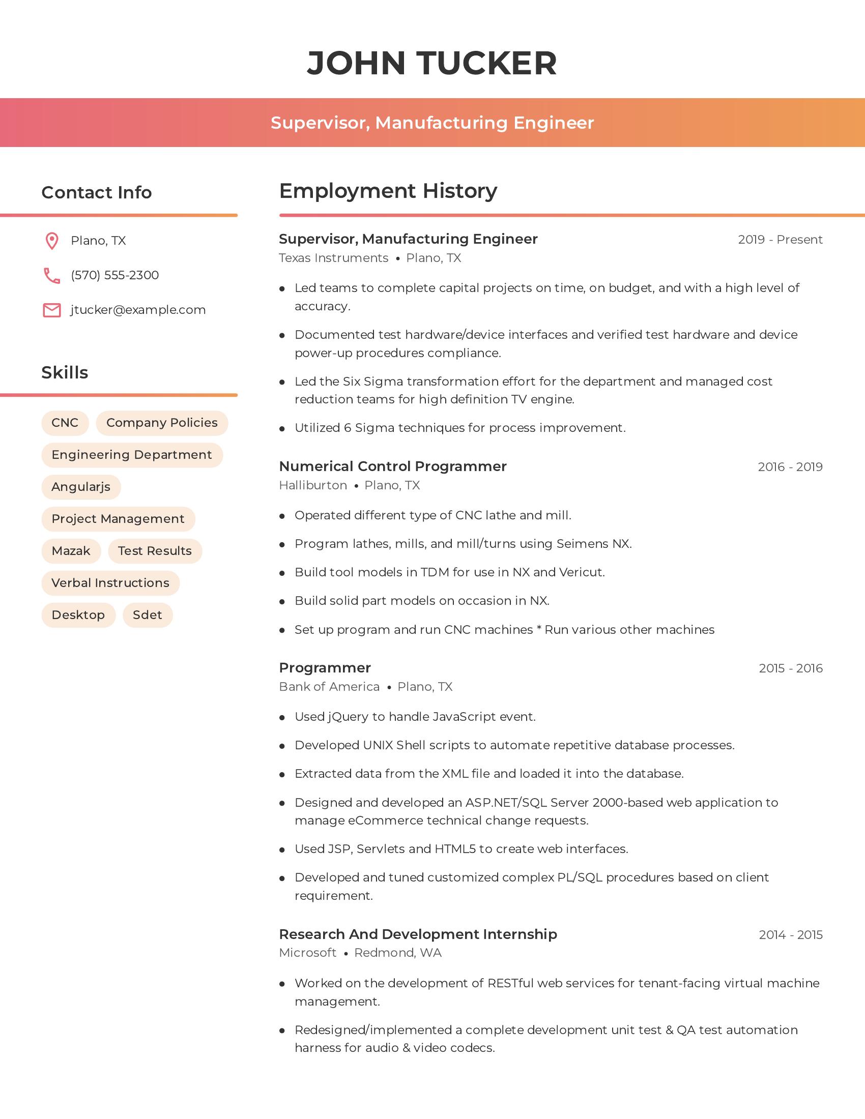 Supervisor, Manufacturing Engineer resume example