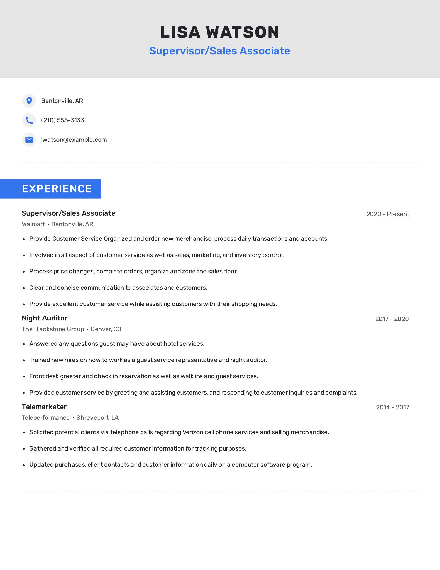 Supervisor/Sales Associate resume example