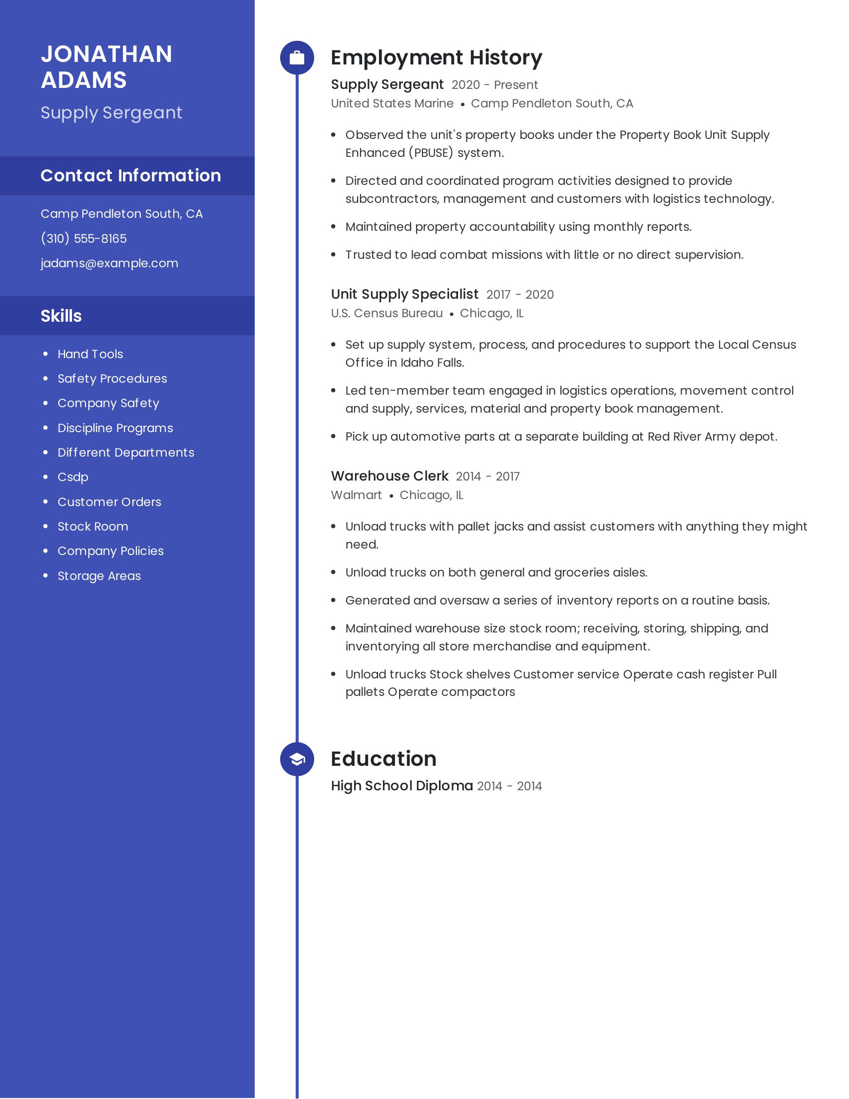 Supply Sergeant resume example