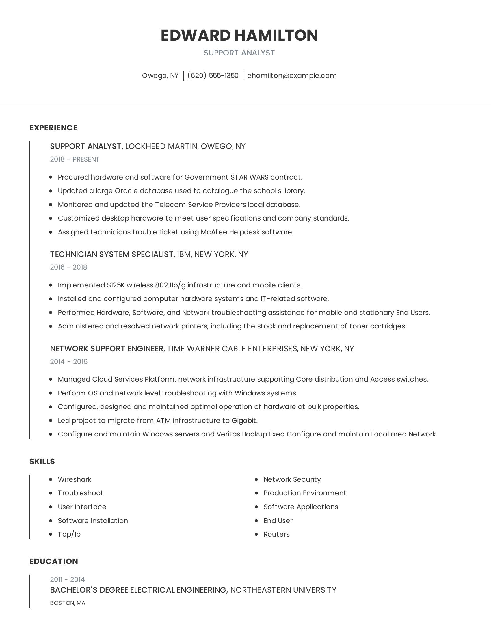 Support Analyst resume example