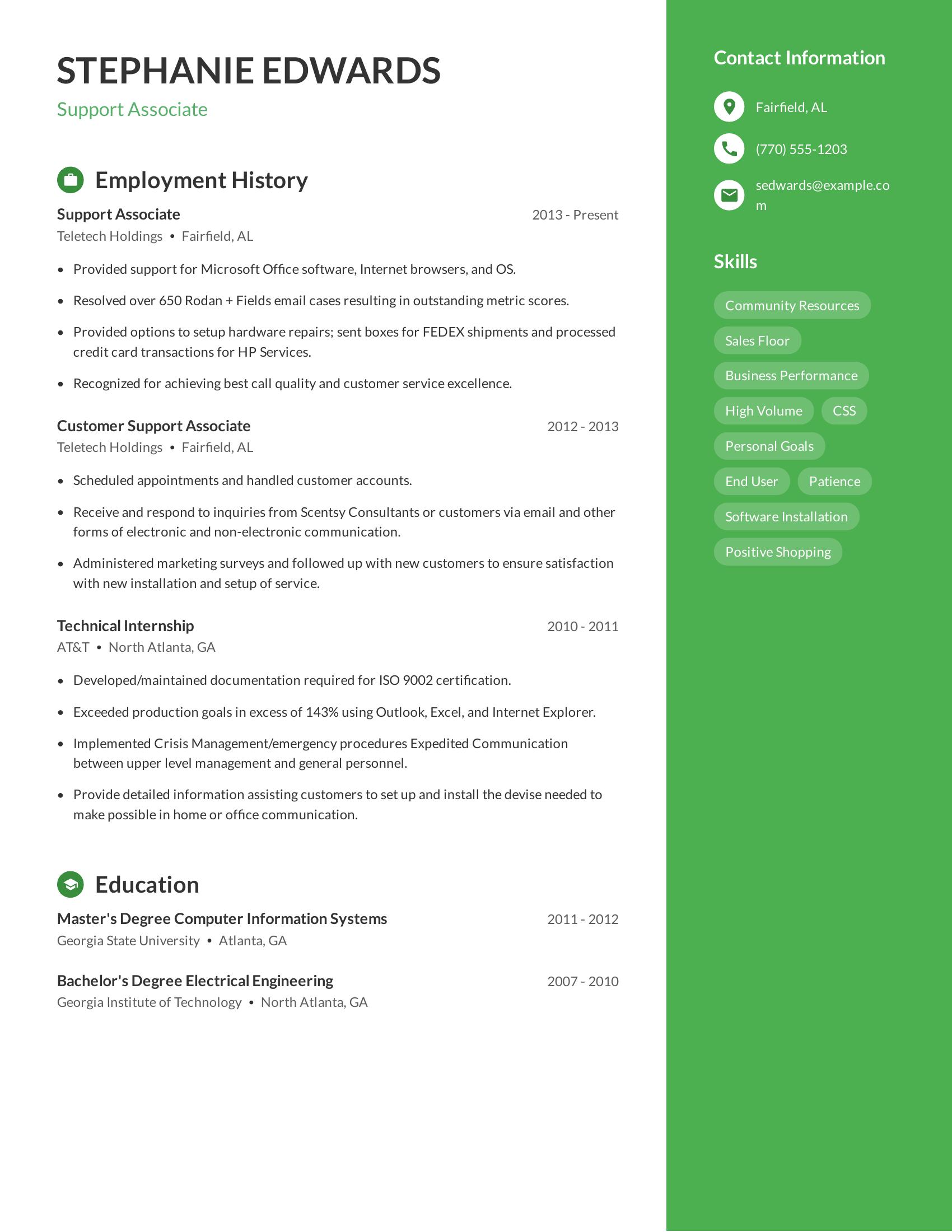 Support Associate resume example