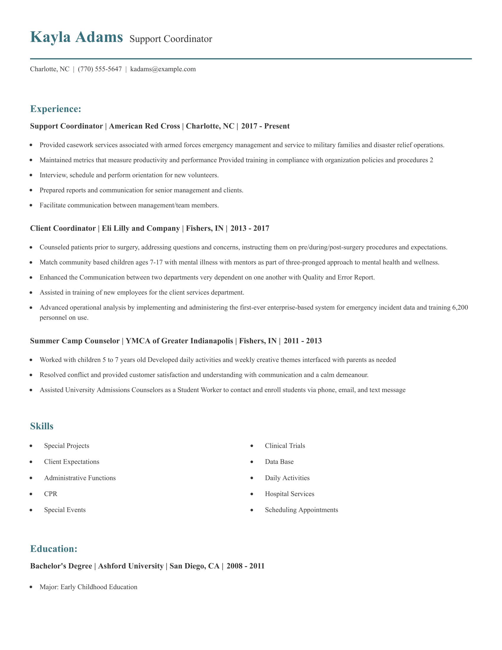 Support Coordinator resume example