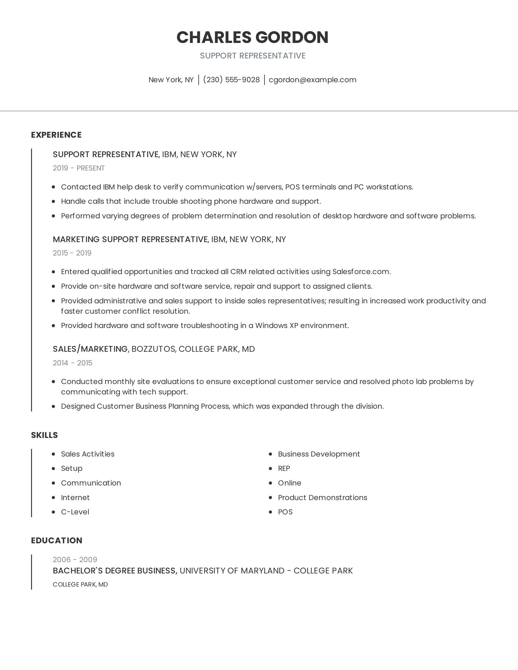 Support Representative resume example