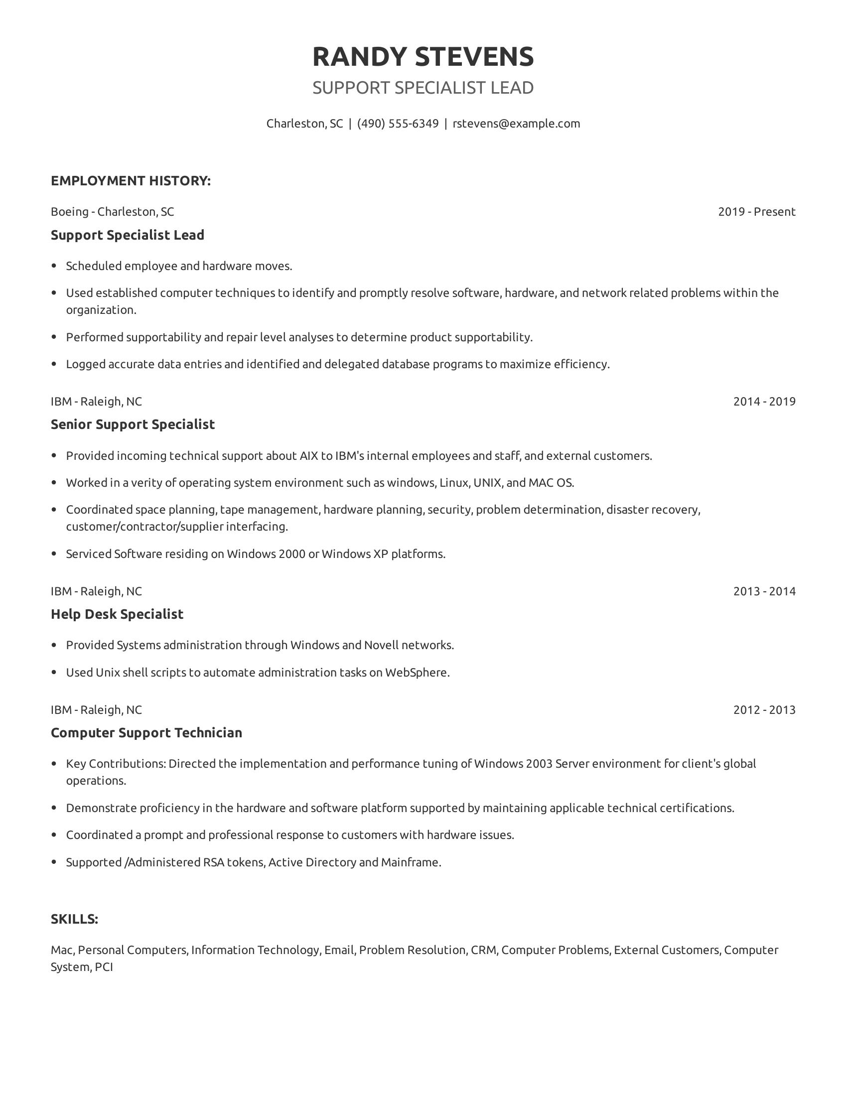 Support Specialist Lead resume example