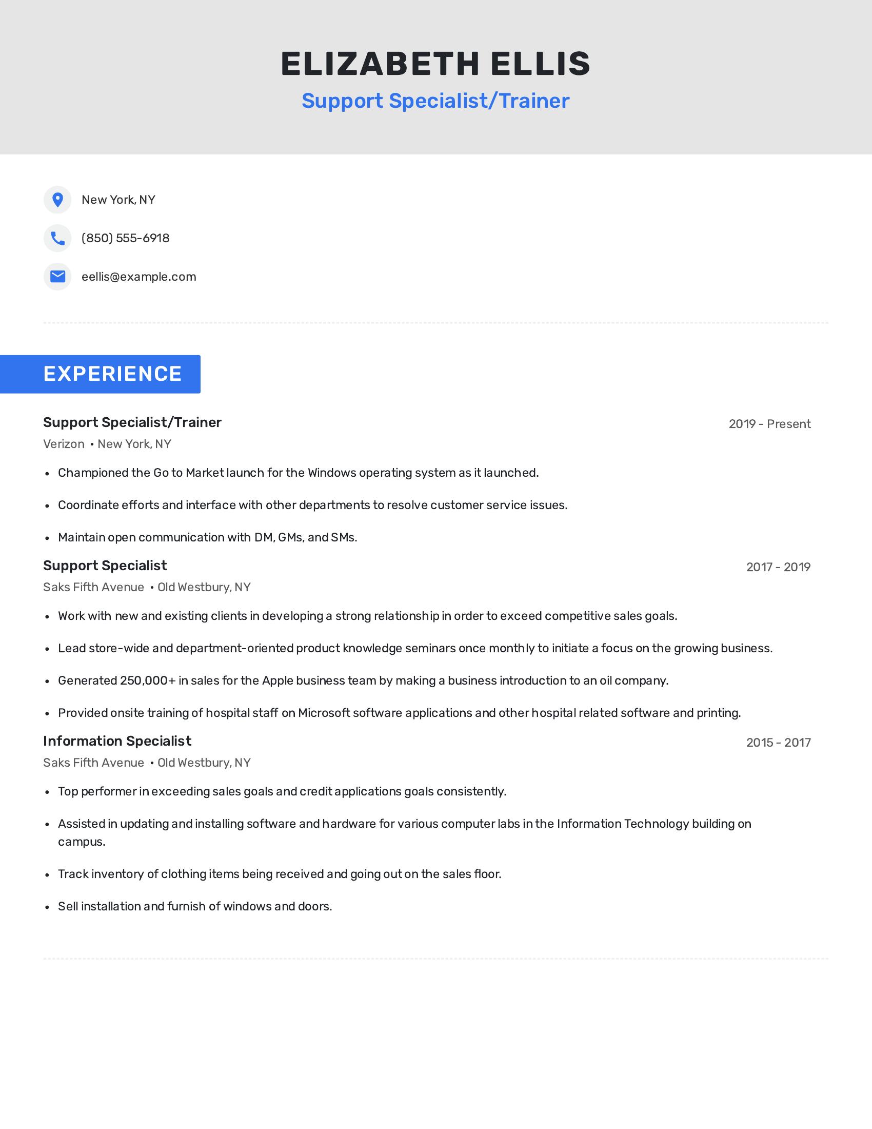 Support Specialist/Trainer resume example
