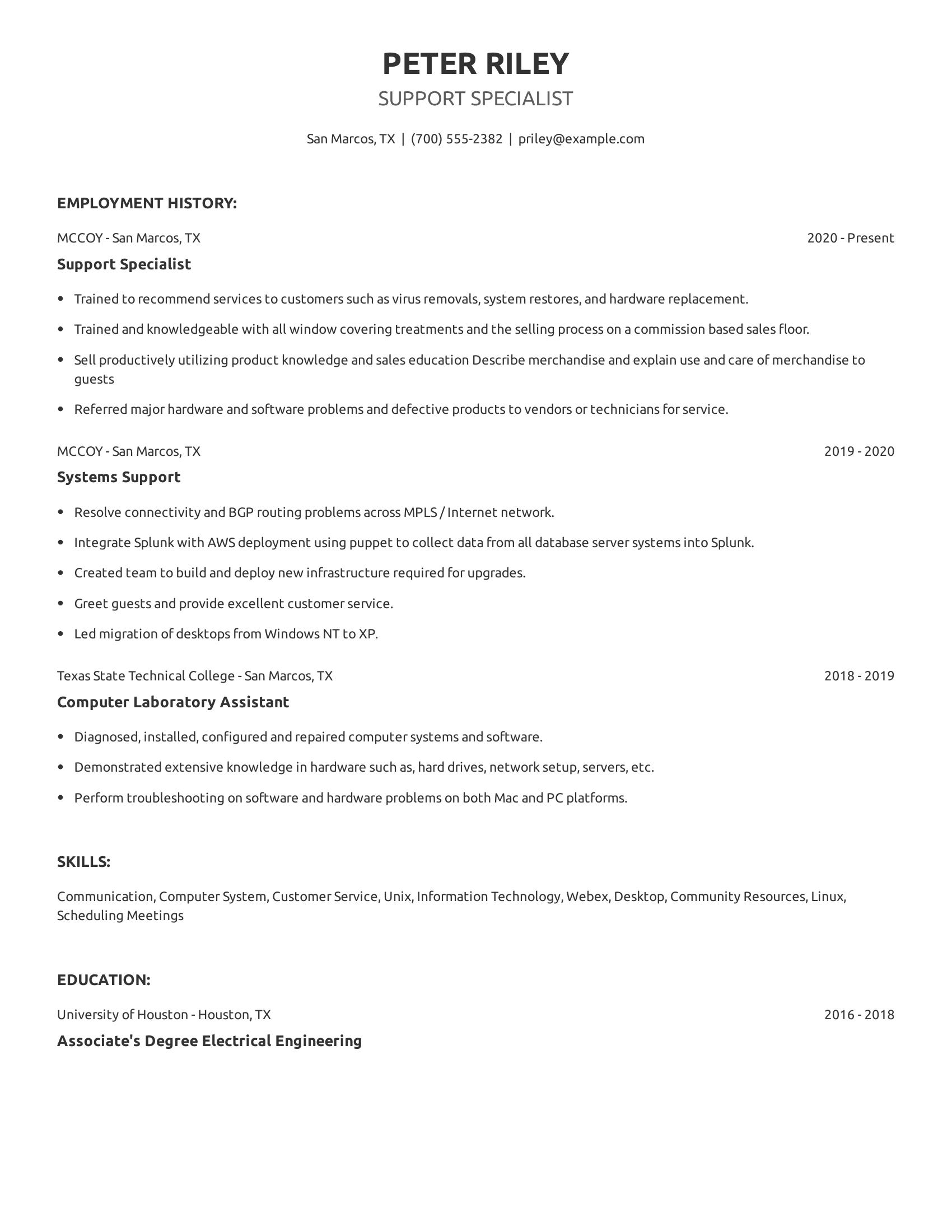 Support Specialist resume example