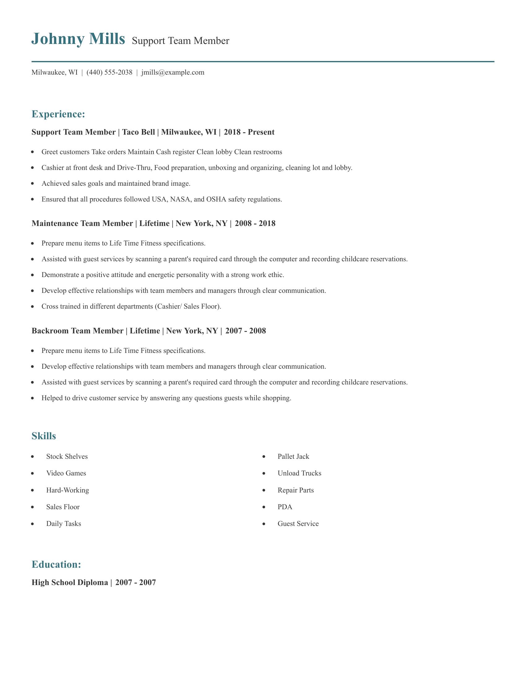 Support Team Member resume example