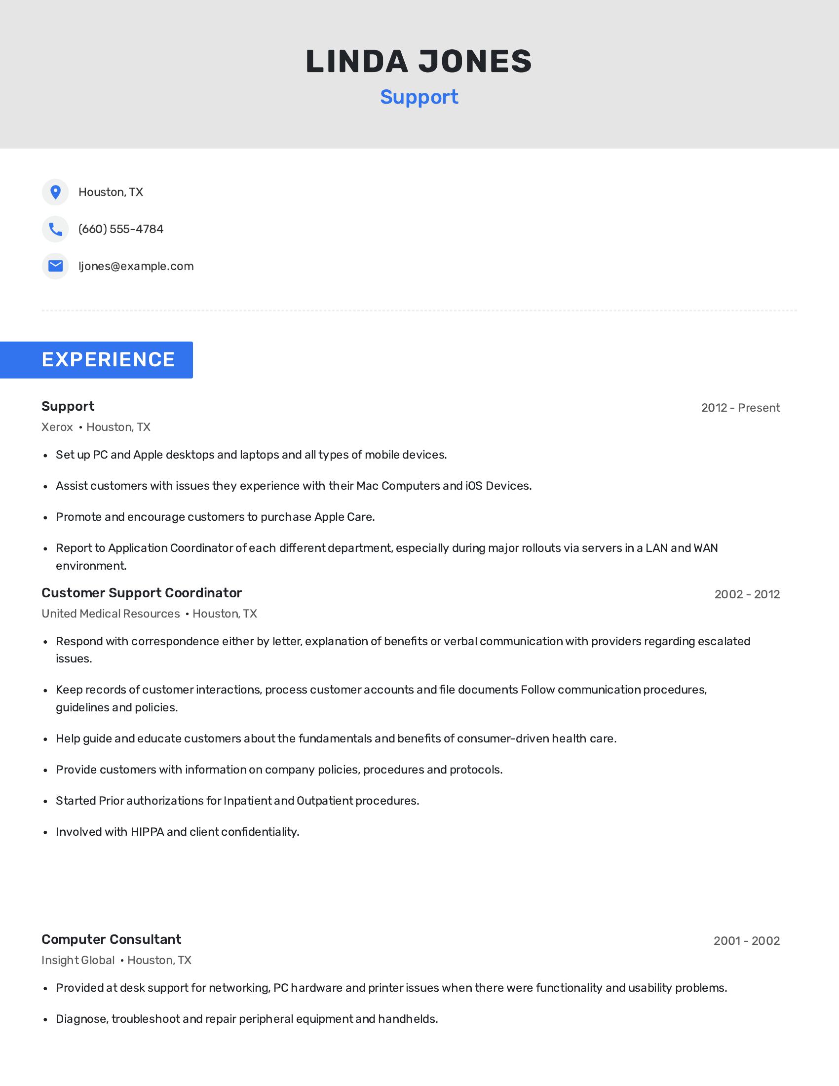 Support resume example