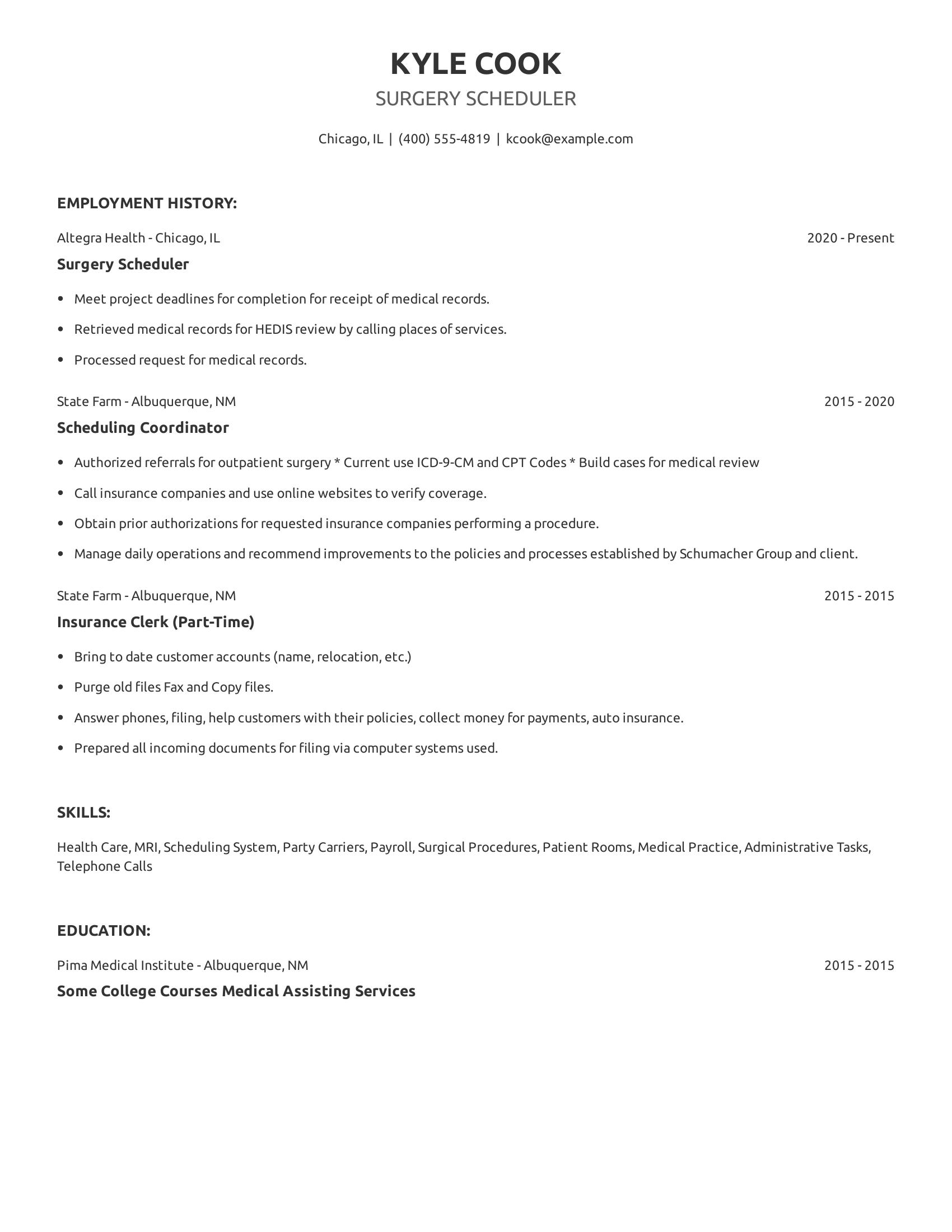 Surgery Scheduler resume example