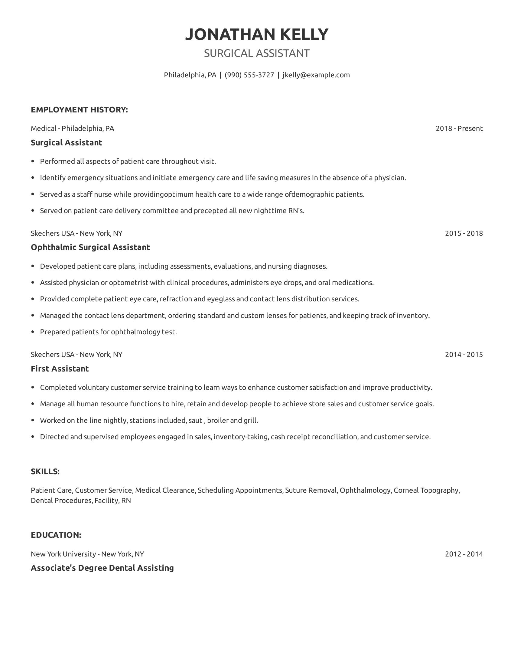 Surgical Assistant resume example