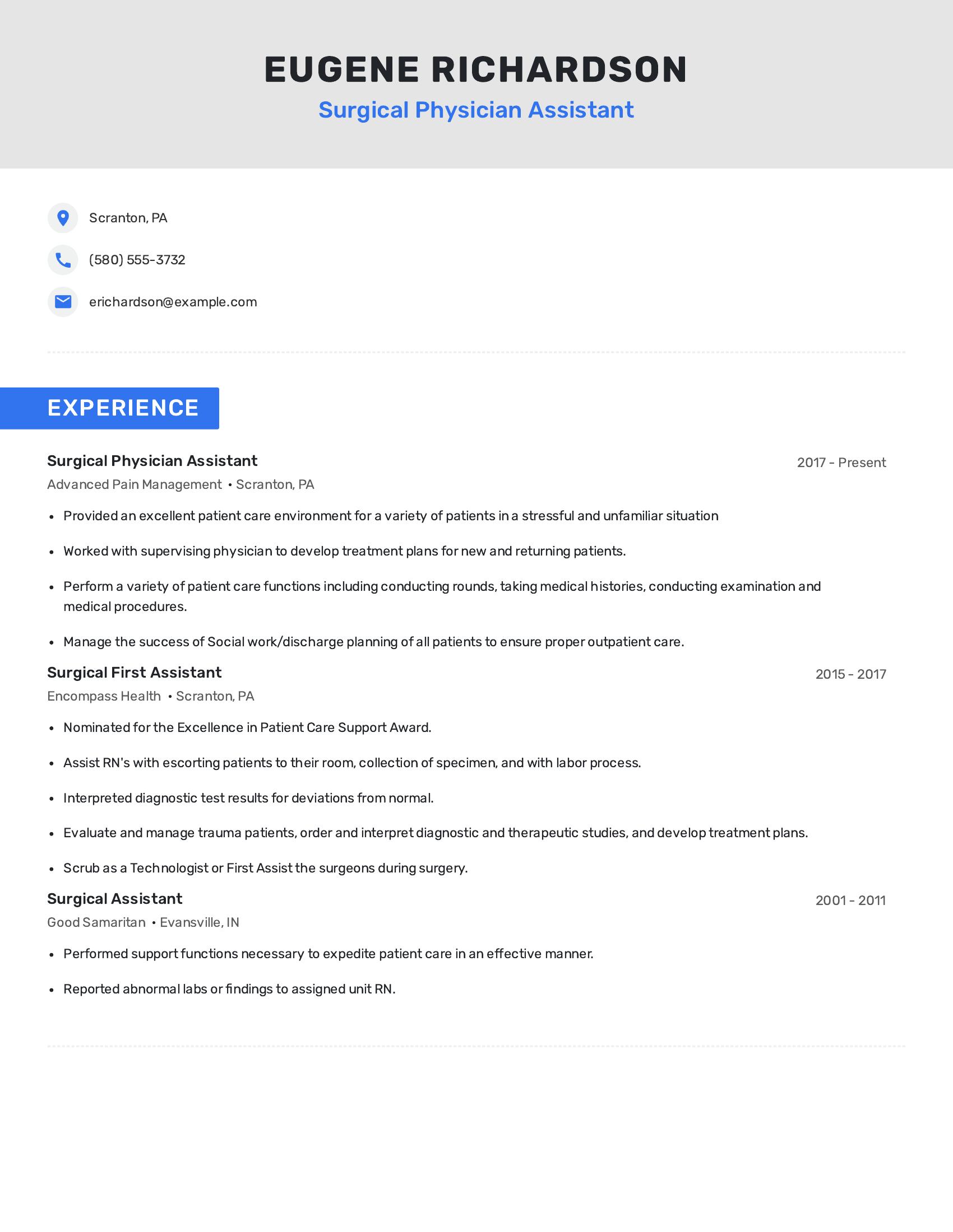 Surgical Physician Assistant resume example