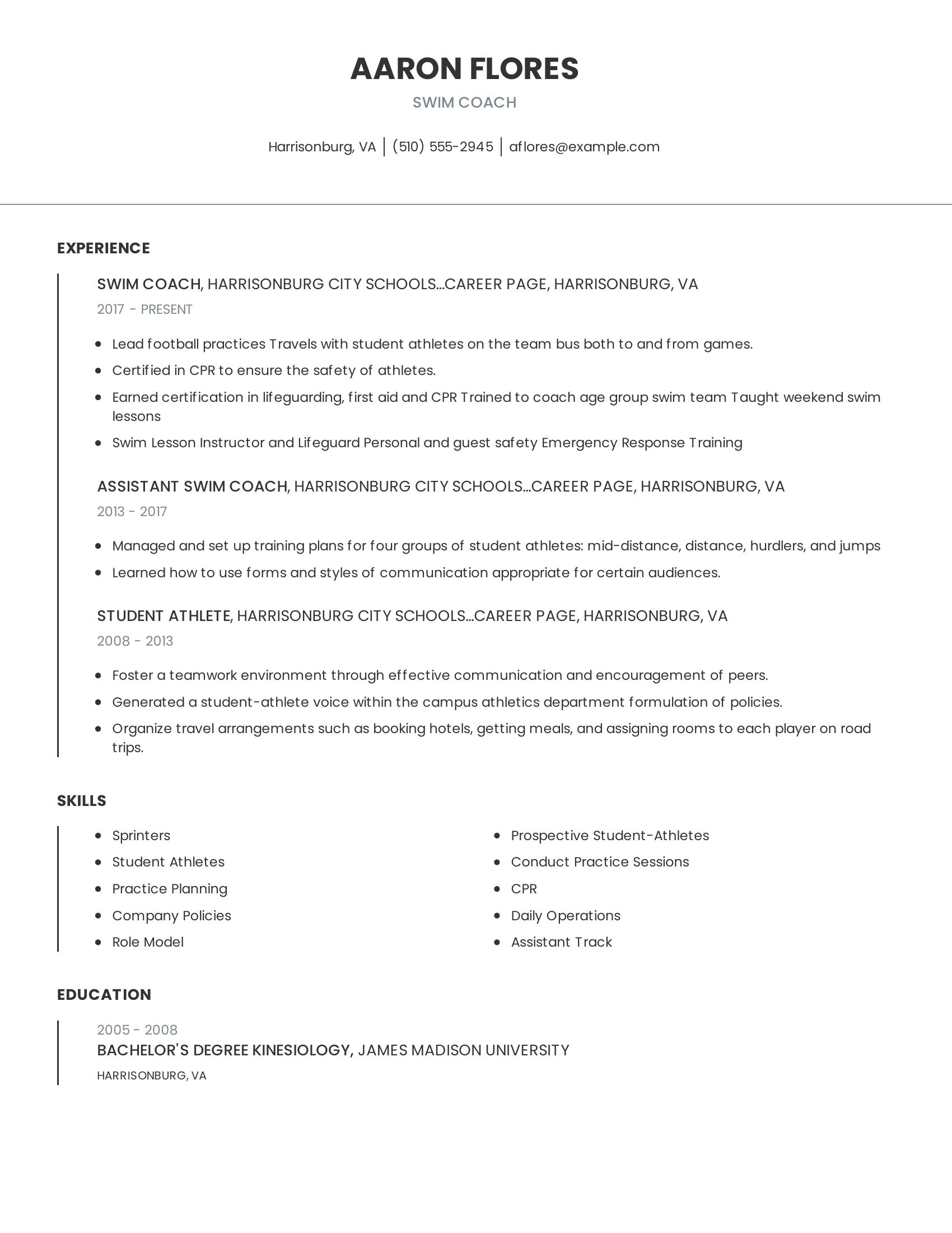 Swim Coach resume example