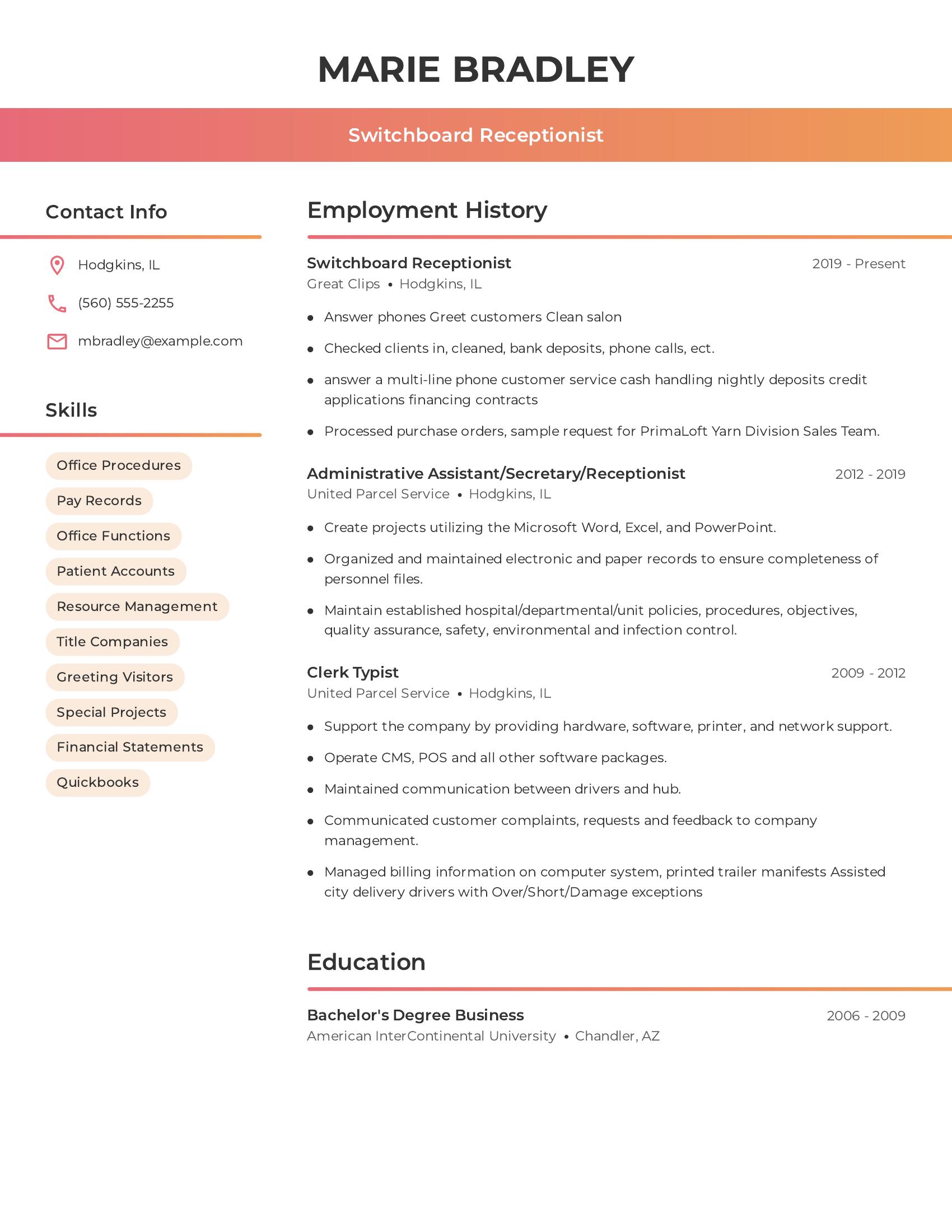 Switchboard Receptionist resume example