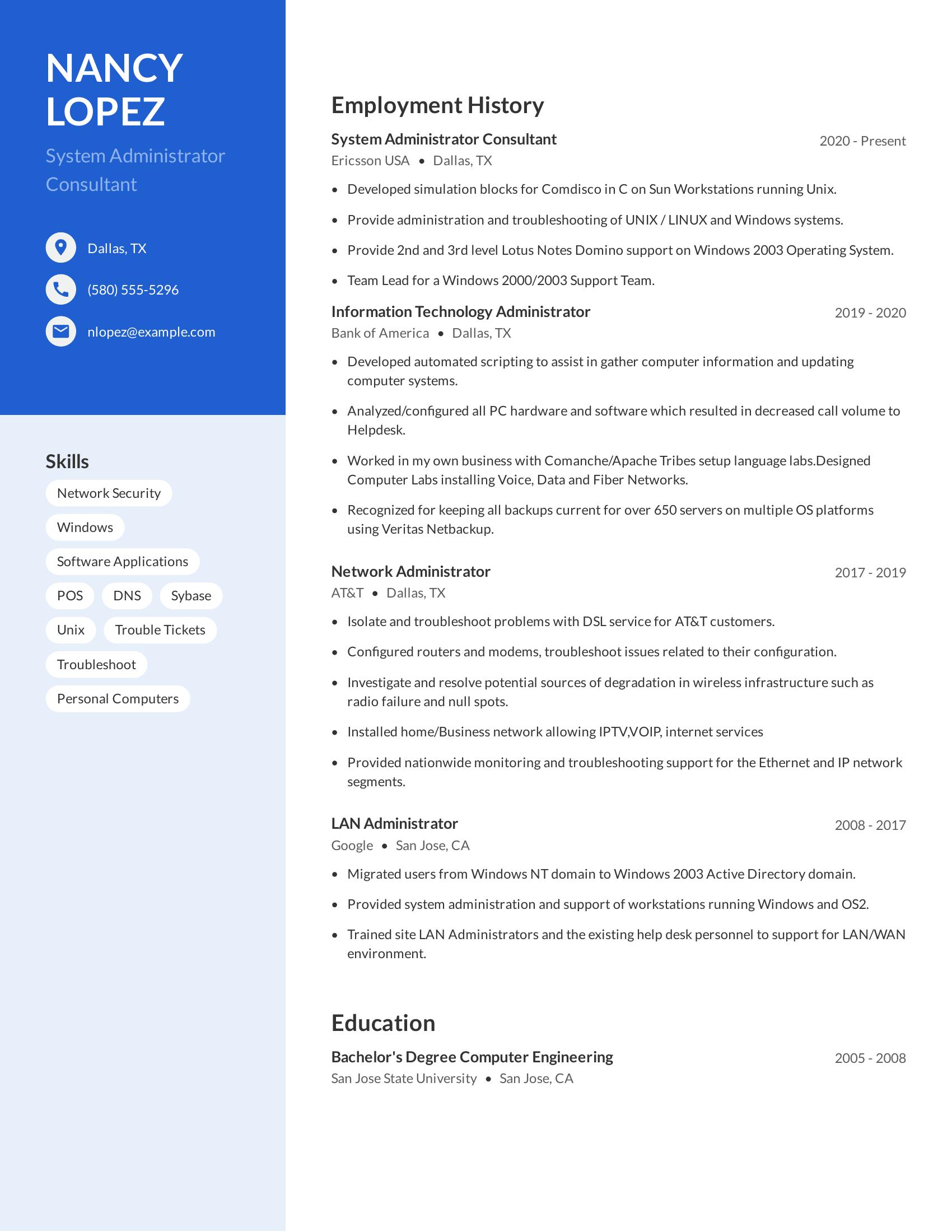 System Administrator Consultant resume example