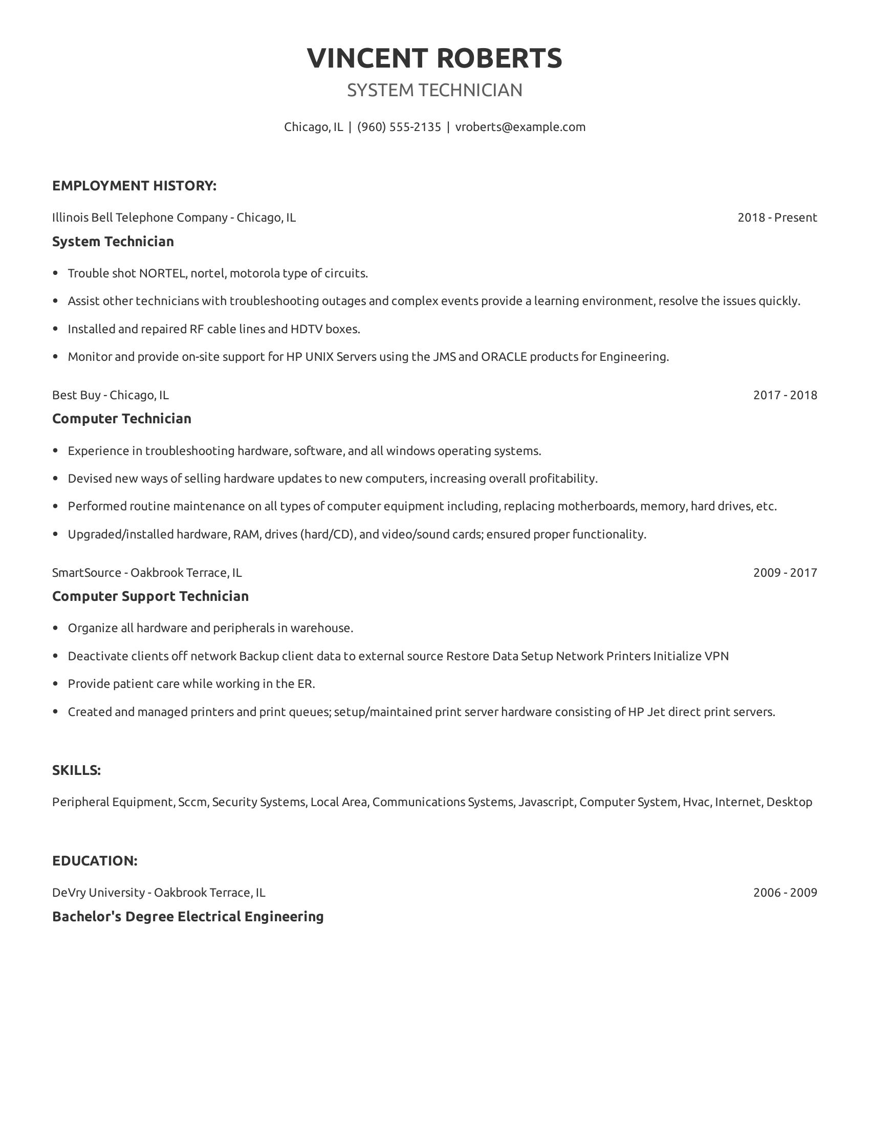 System Technician resume example